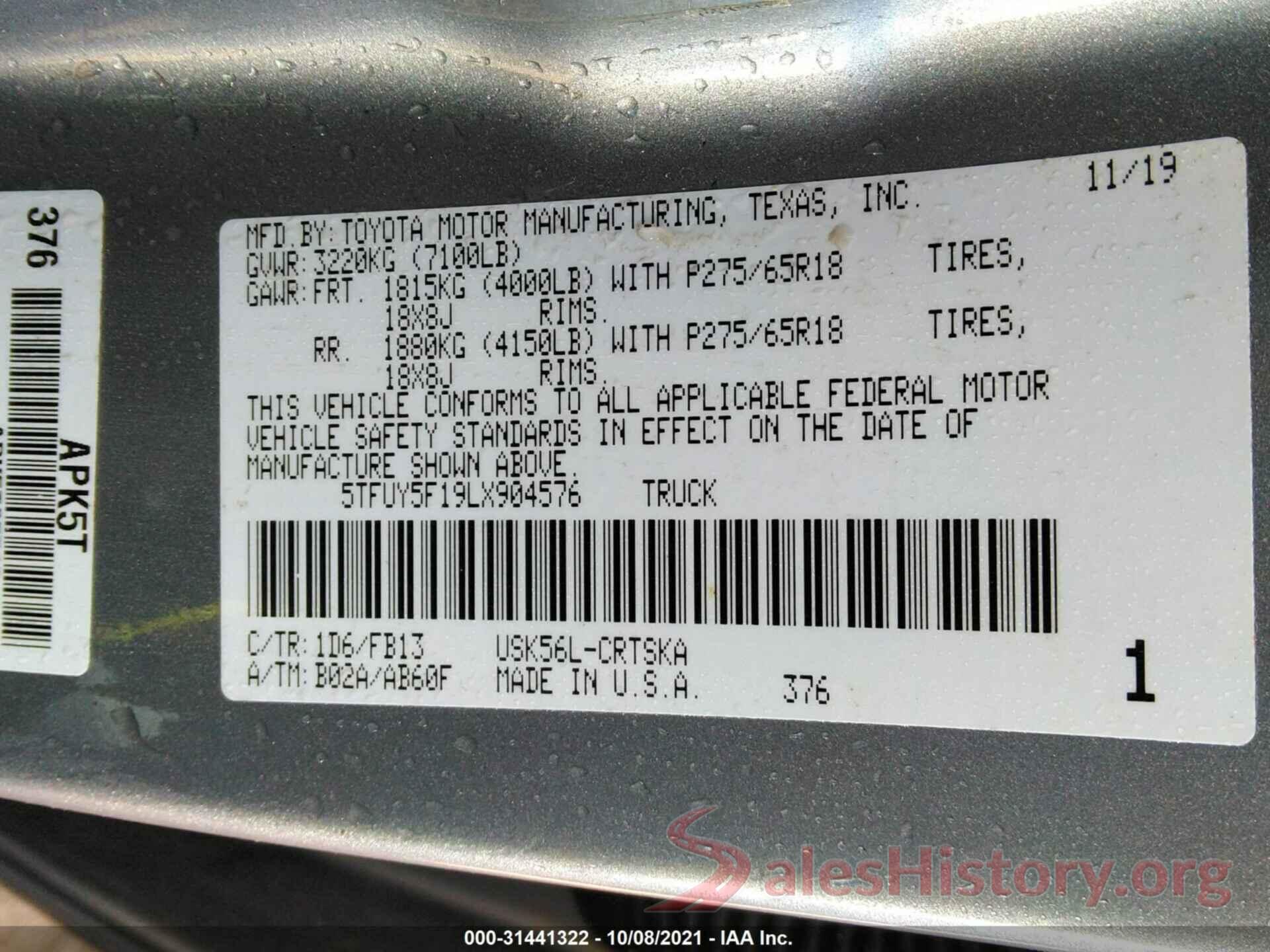 5TFUY5F19LX904576 2020 TOYOTA TUNDRA 4WD