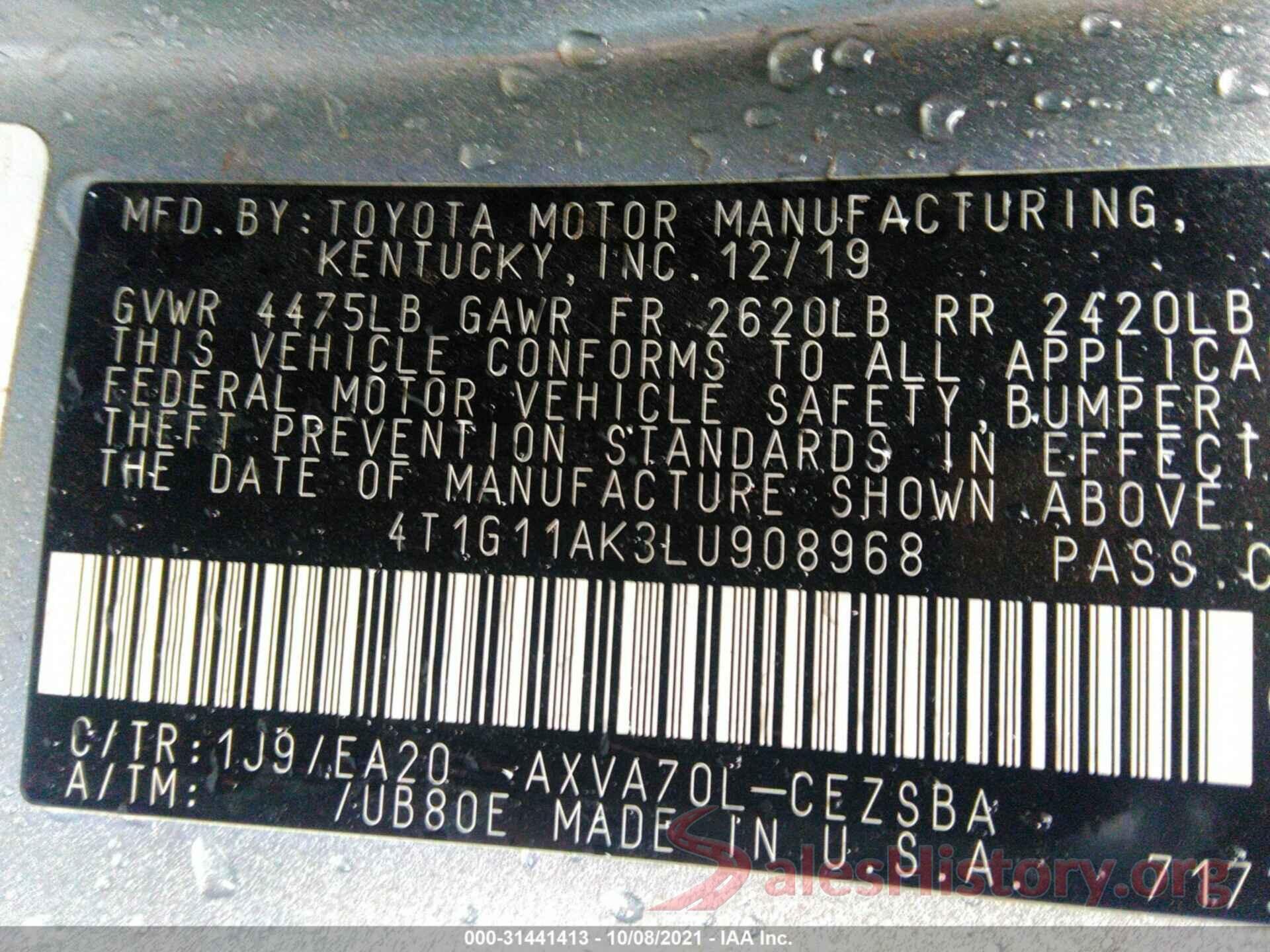 4T1G11AK3LU908968 2020 TOYOTA CAMRY