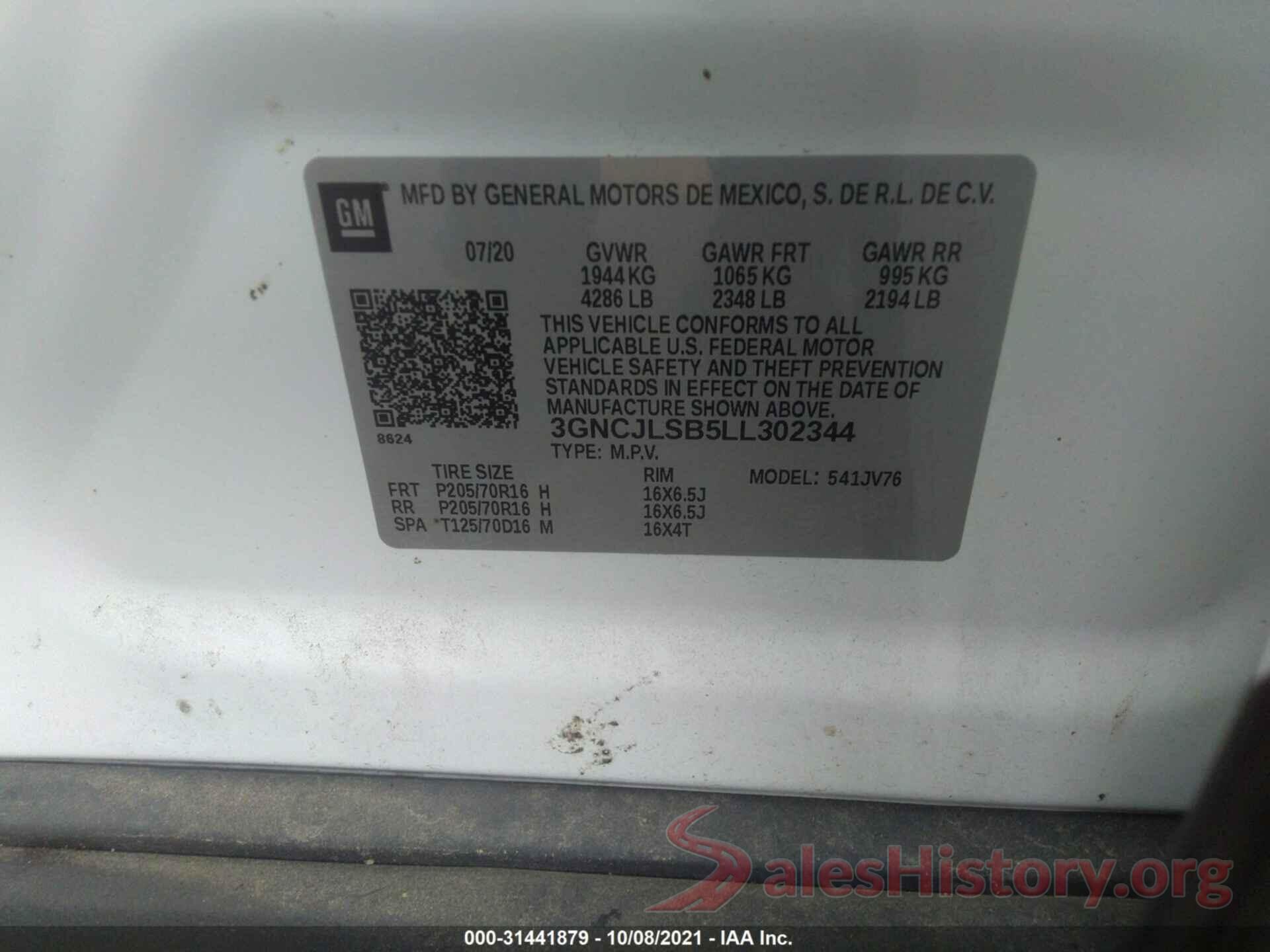 3GNCJLSB5LL302344 2020 CHEVROLET TRAX