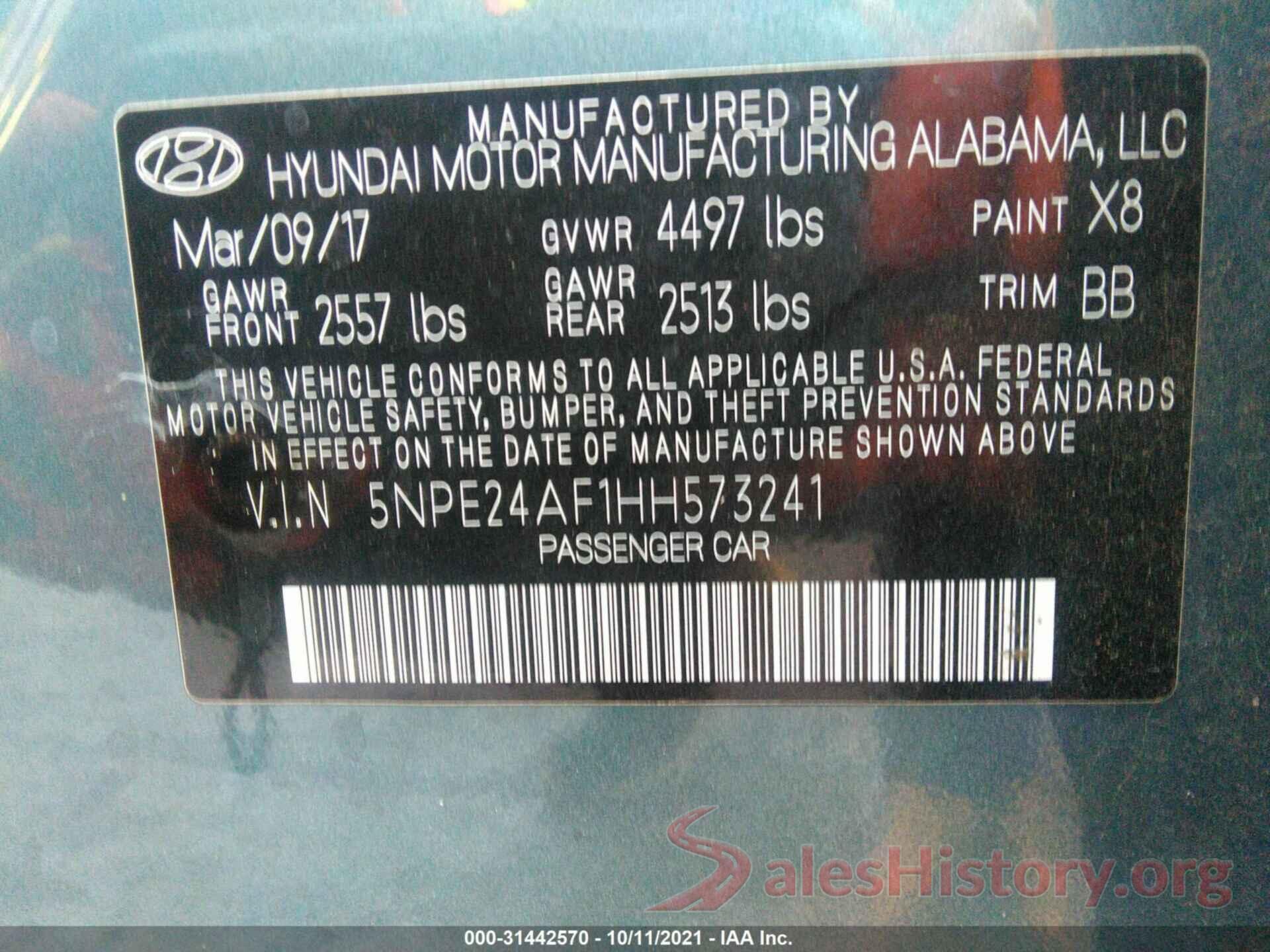 5NPE24AF1HH573241 2017 HYUNDAI SONATA