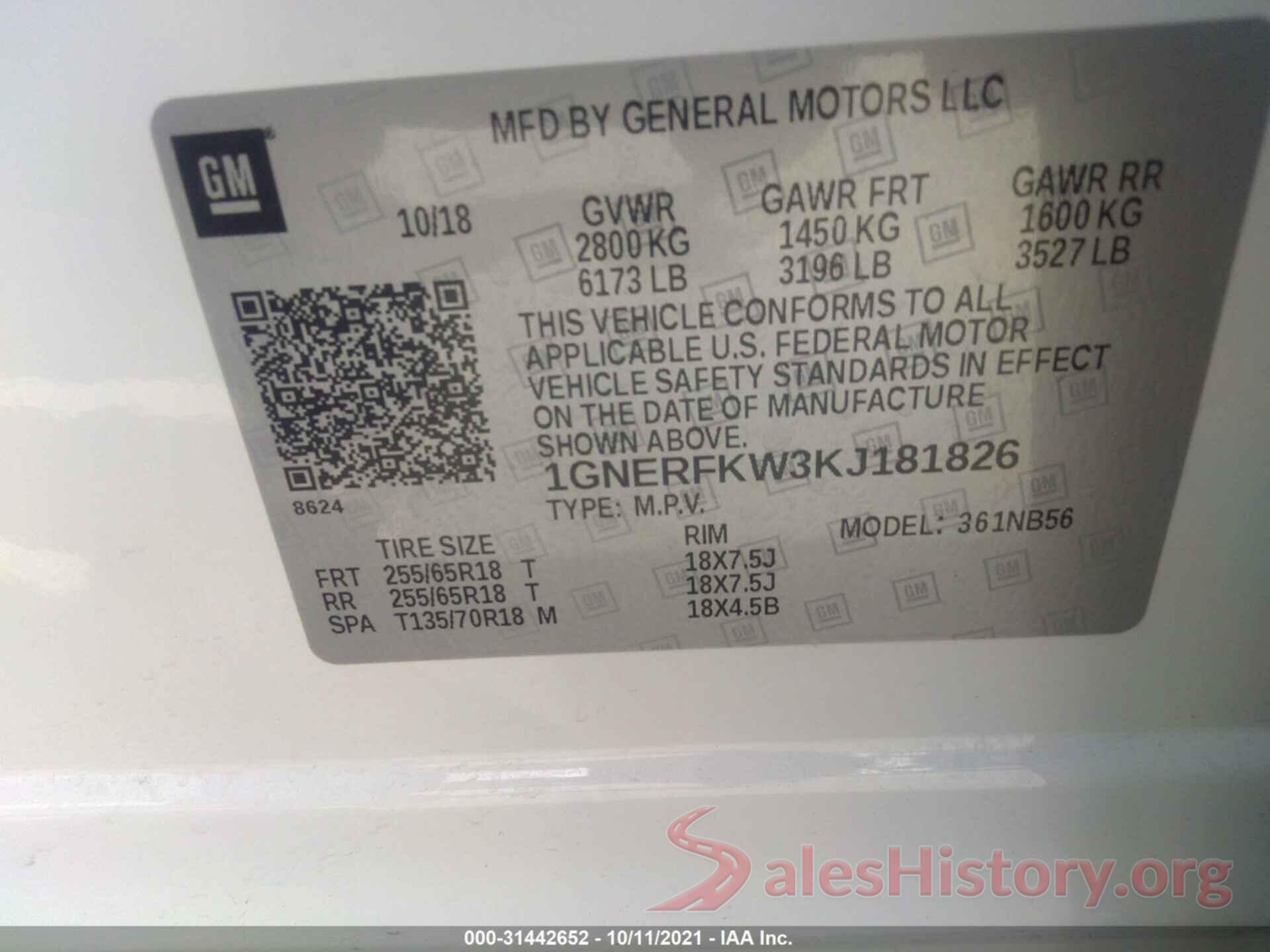 1GNERFKW3KJ181826 2019 CHEVROLET TRAVERSE