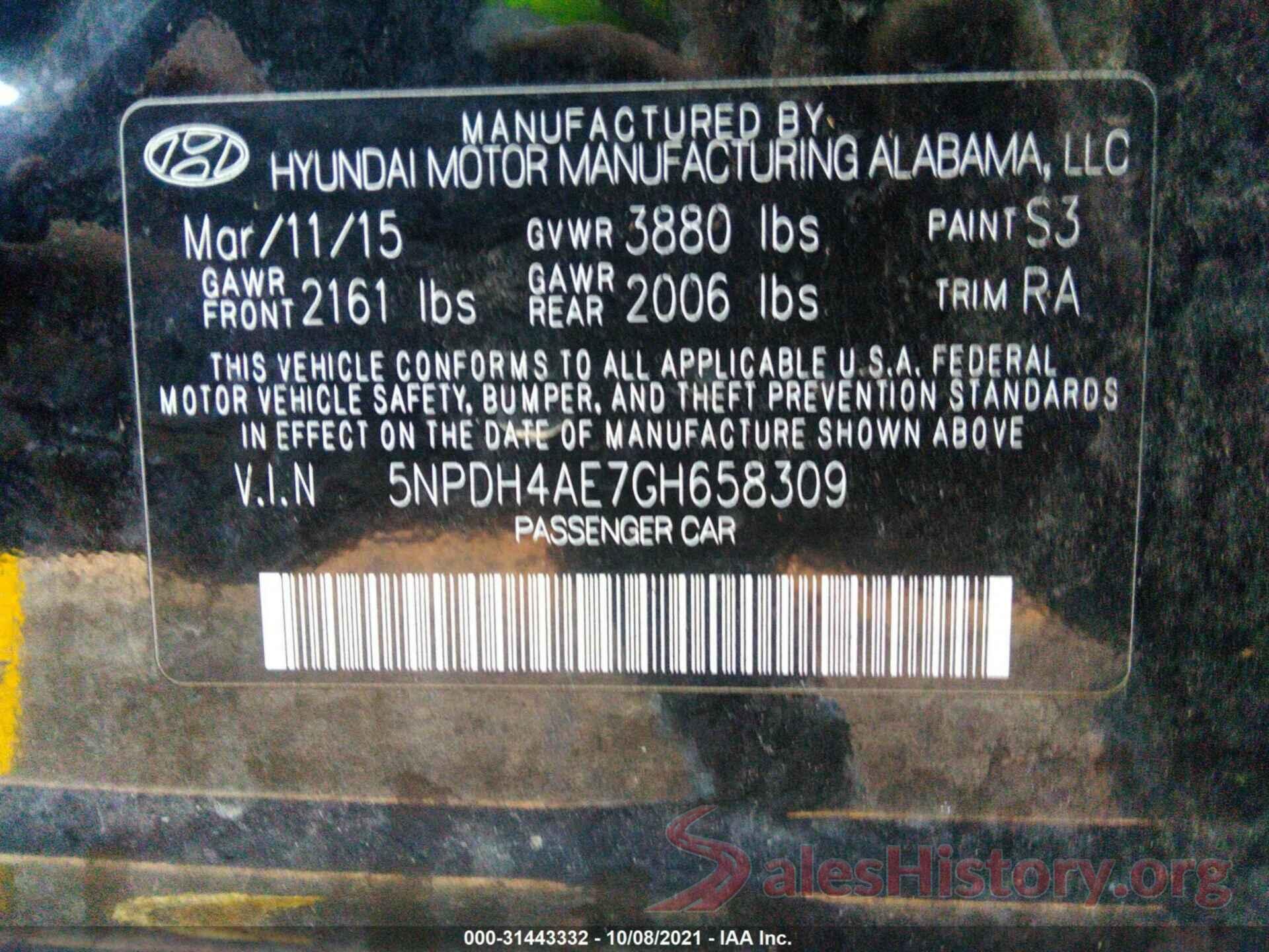 5NPDH4AE7GH658309 2016 HYUNDAI ELANTRA