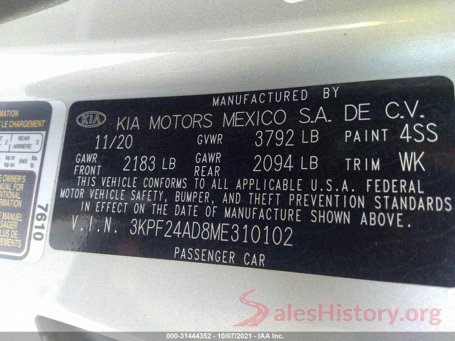 3KPF24AD8ME310102 2021 KIA FORTE