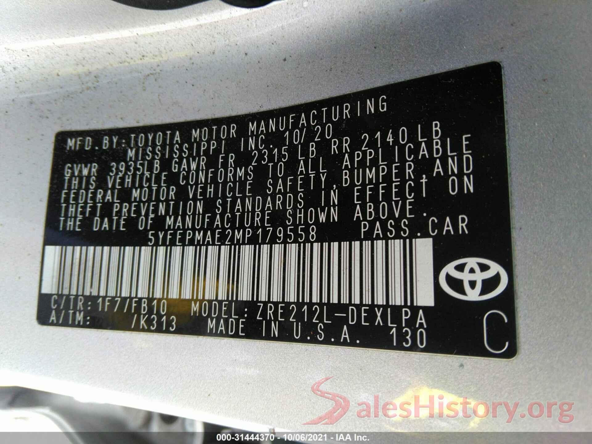 5YFEPMAE2MP179558 2021 TOYOTA COROLLA