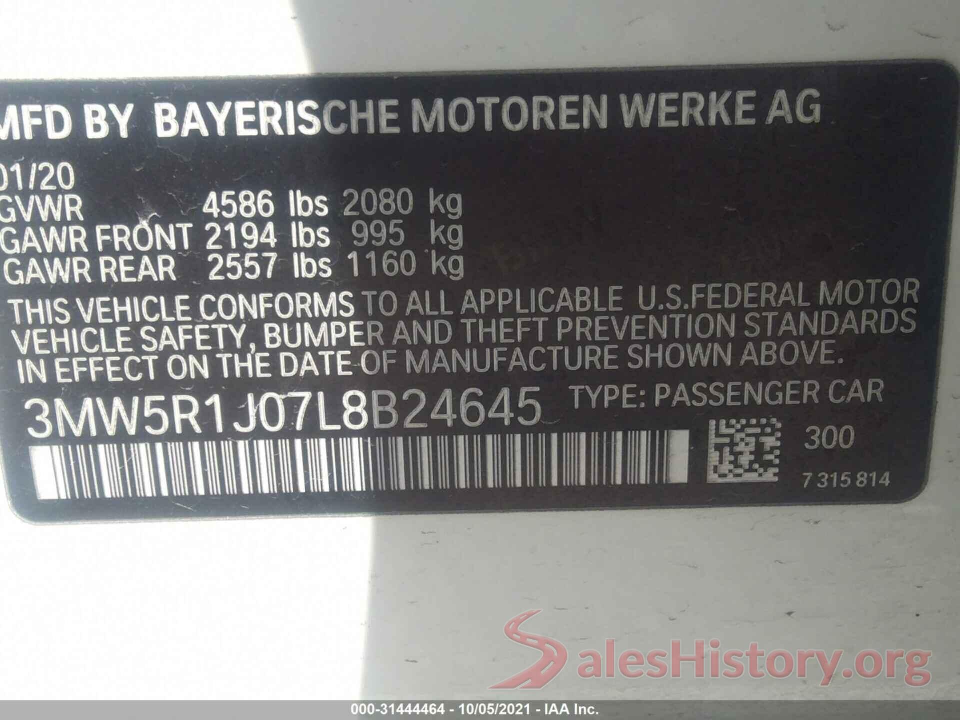 3MW5R1J07L8B24645 2020 BMW 3 SERIES