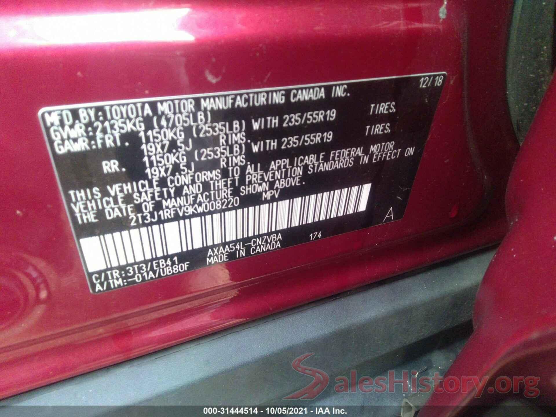 2T3J1RFV9KW008220 2019 TOYOTA RAV4