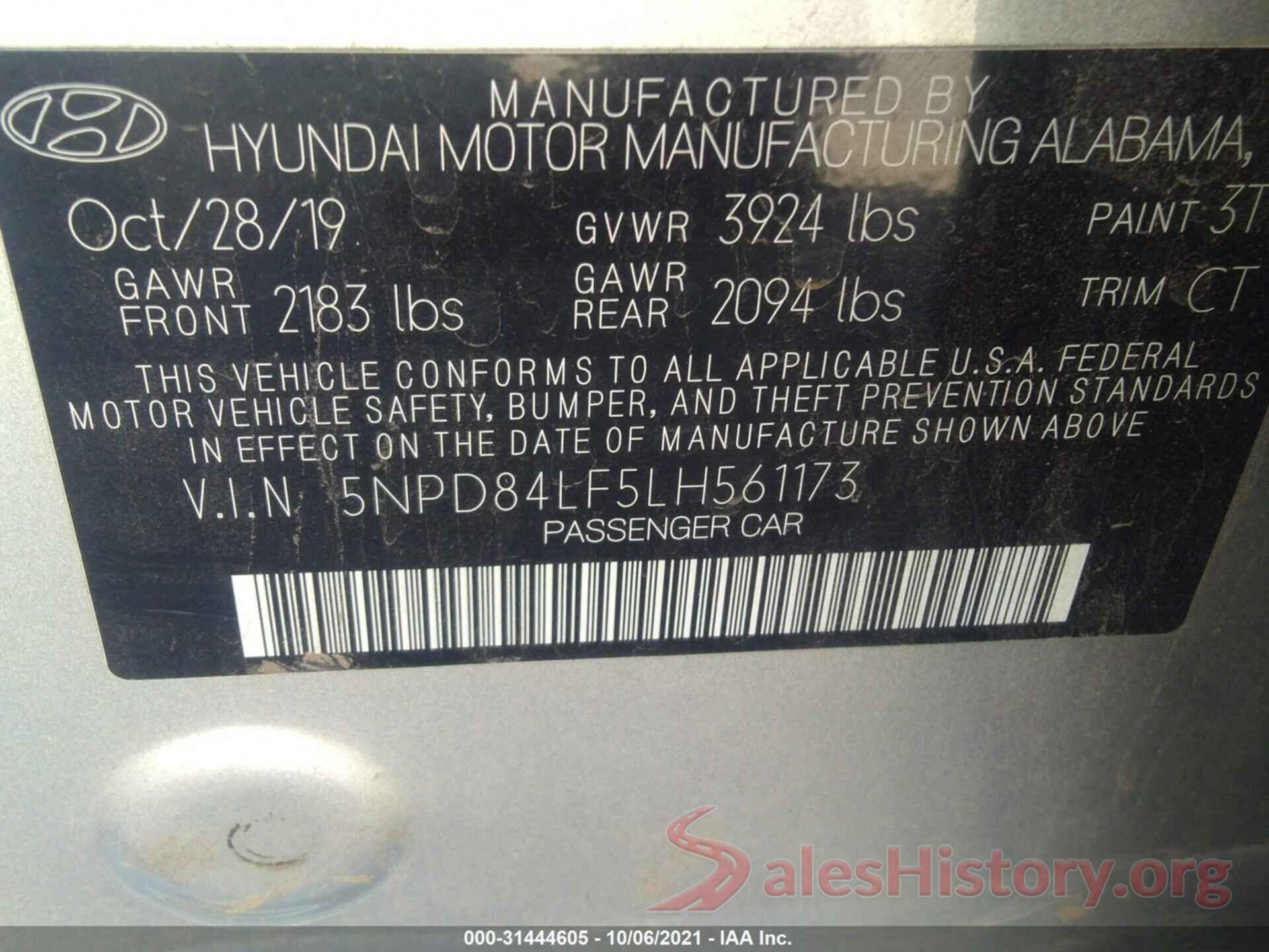 5NPD84LF5LH561173 2020 HYUNDAI ELANTRA