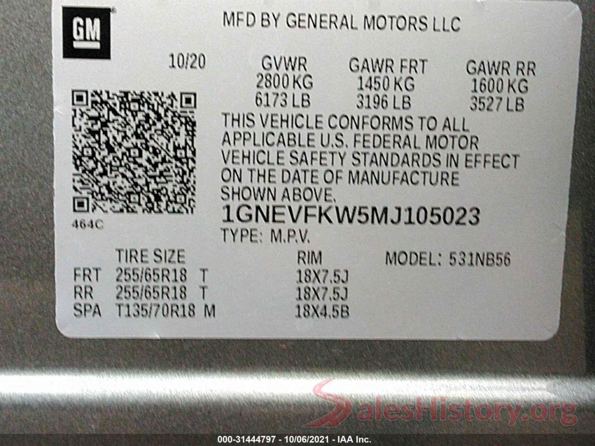 1GNEVFKW5MJ105023 2021 CHEVROLET TRAVERSE