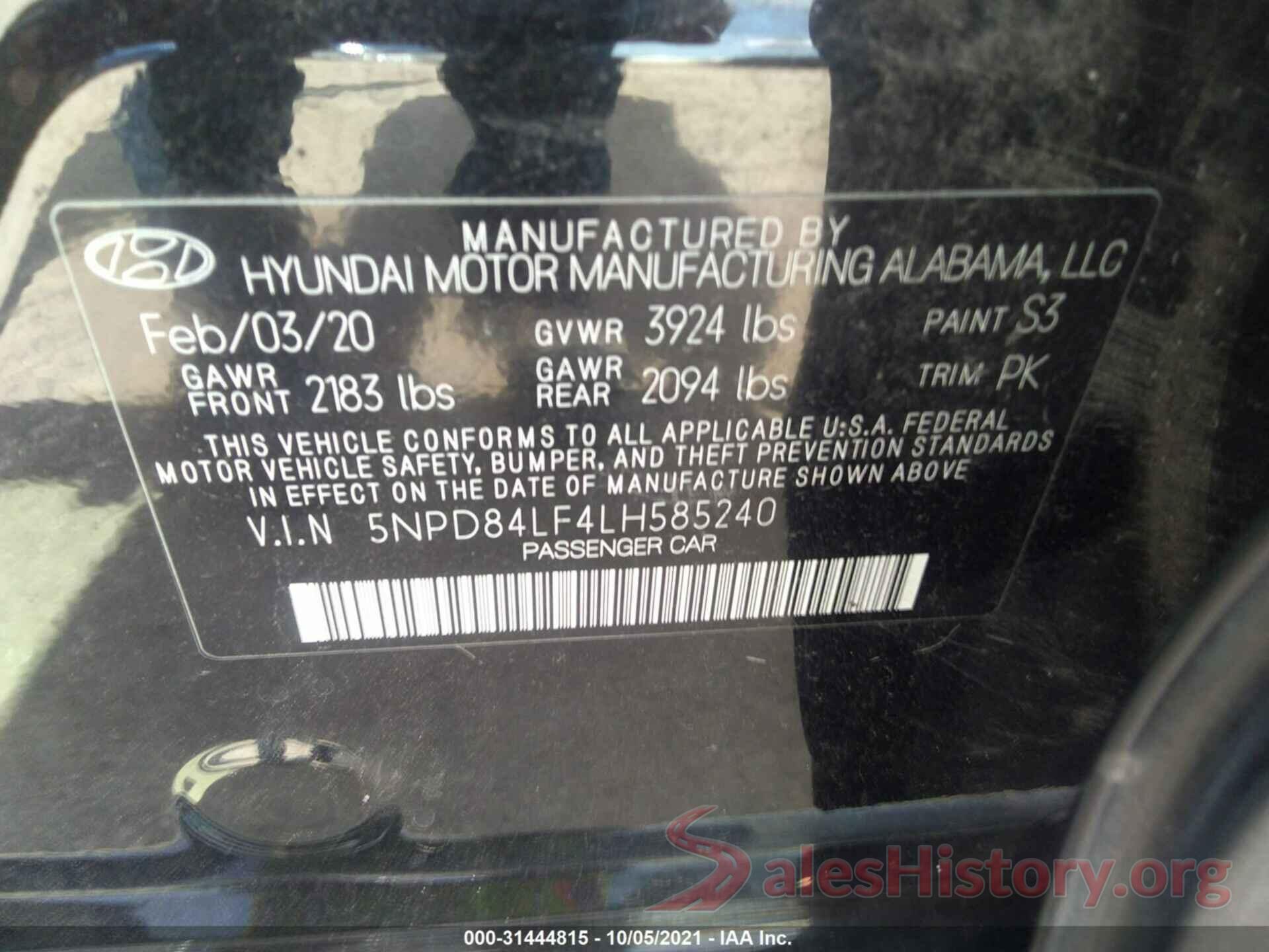 5NPD84LF4LH585240 2020 HYUNDAI ELANTRA