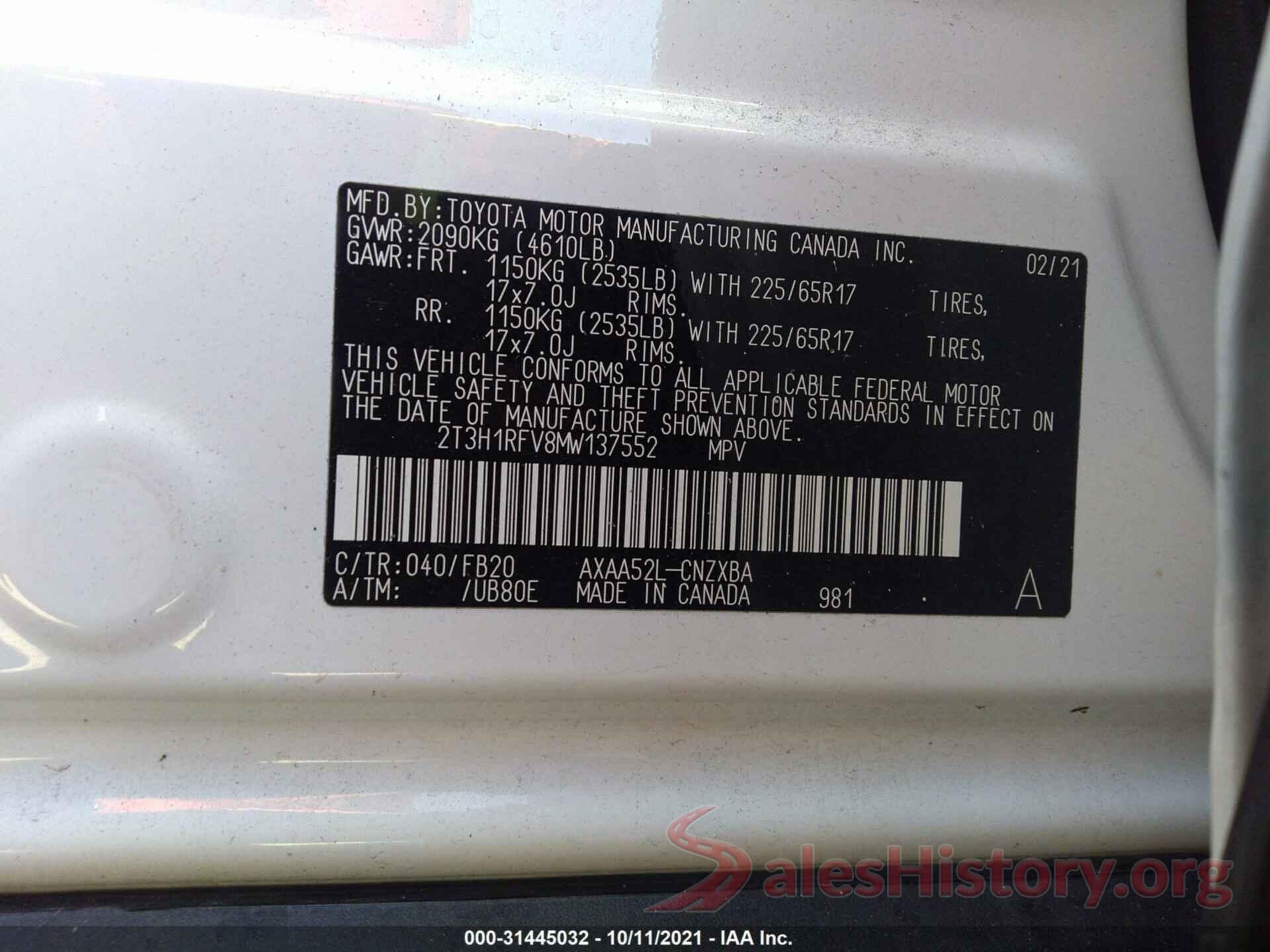 2T3H1RFV8MW137552 2021 TOYOTA RAV4