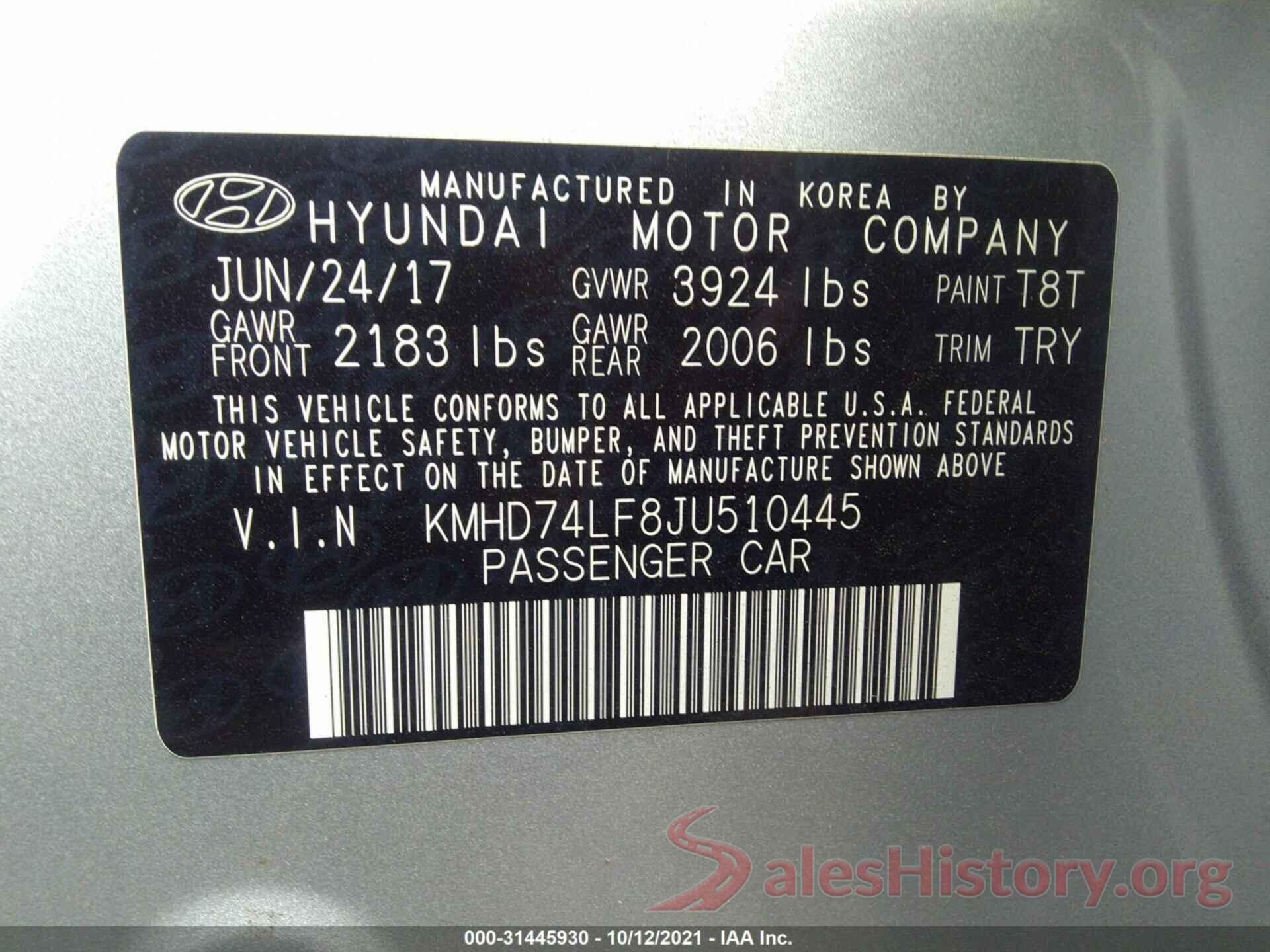 KMHD74LF8JU510445 2018 HYUNDAI ELANTRA