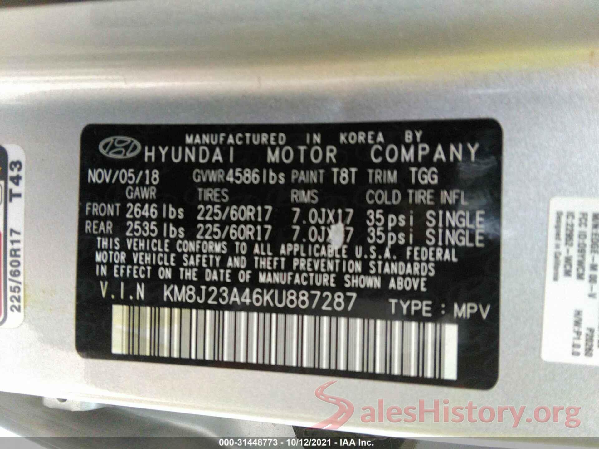 KM8J23A46KU887287 2019 HYUNDAI TUCSON