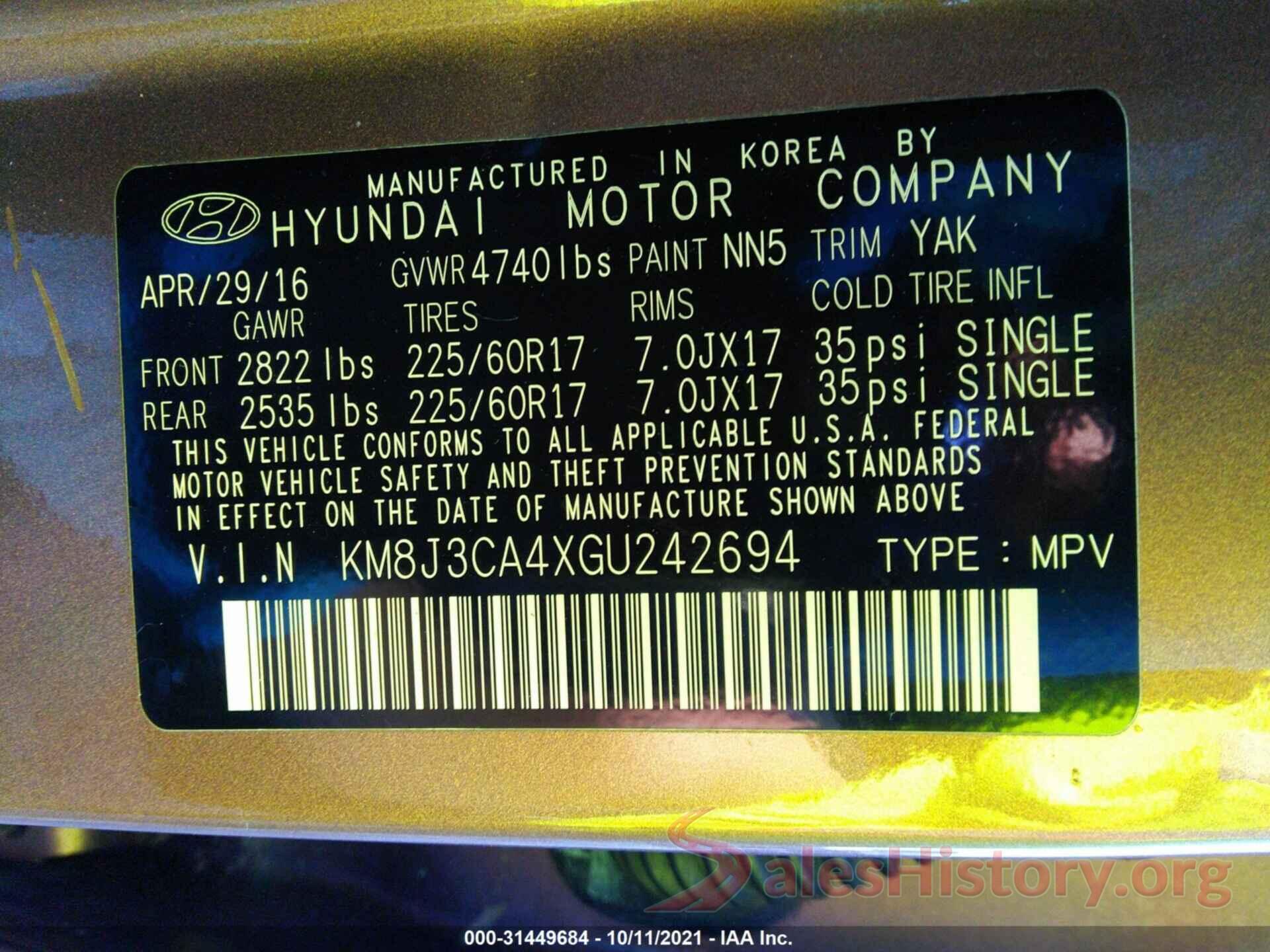 KM8J3CA4XGU242694 2016 HYUNDAI TUCSON