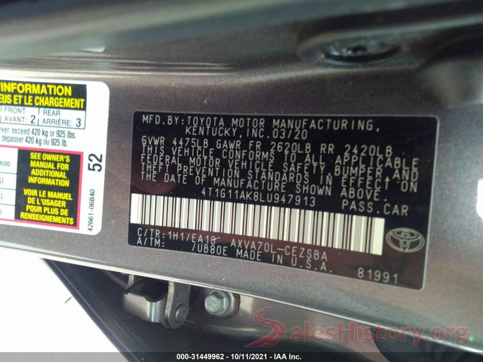 4T1G11AK8LU947913 2020 TOYOTA CAMRY