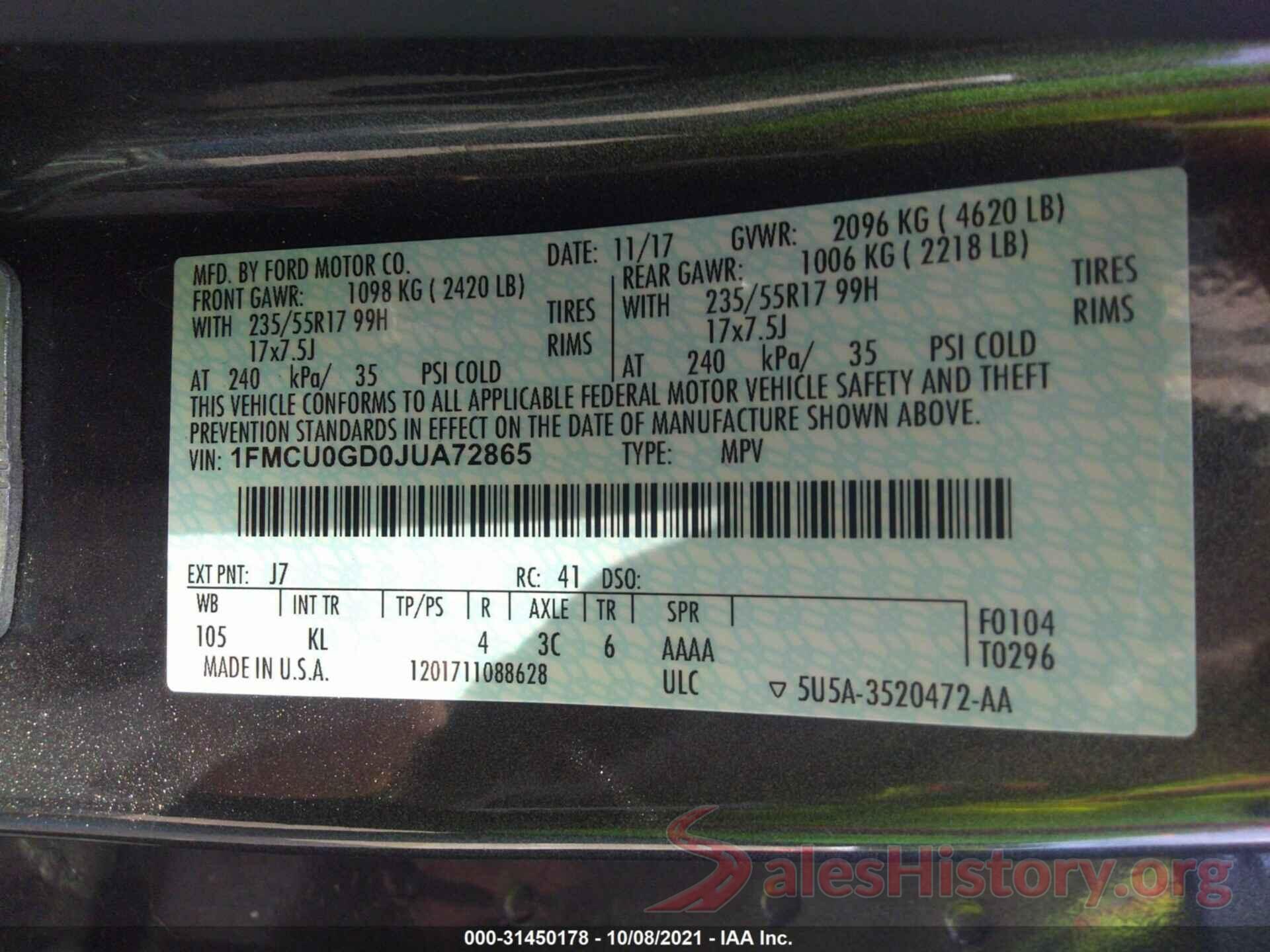 1FMCU0GD0JUA72865 2018 FORD ESCAPE