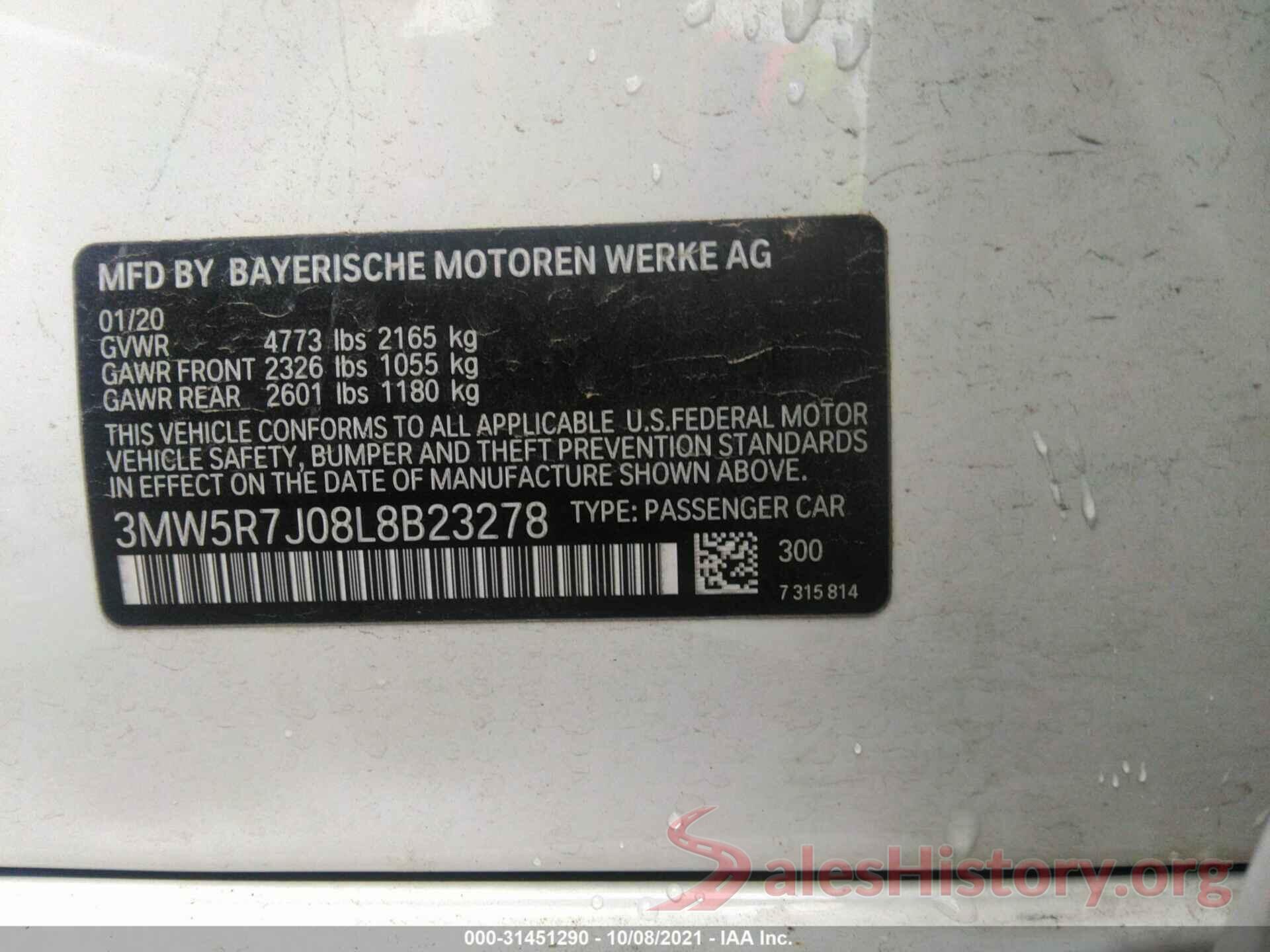 3MW5R7J08L8B23278 2020 BMW 3 SERIES