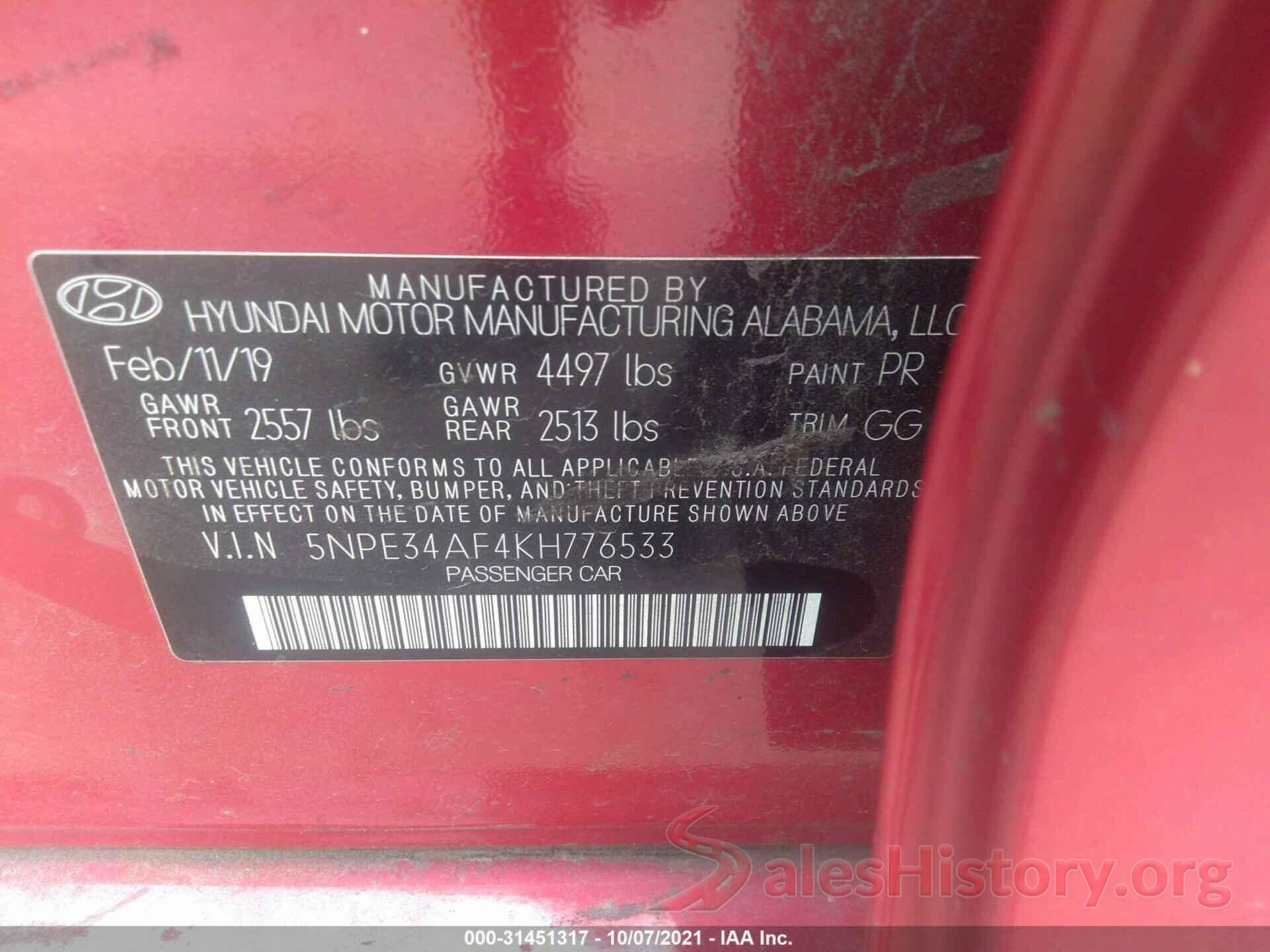 5NPE34AF4KH776533 2019 HYUNDAI SONATA