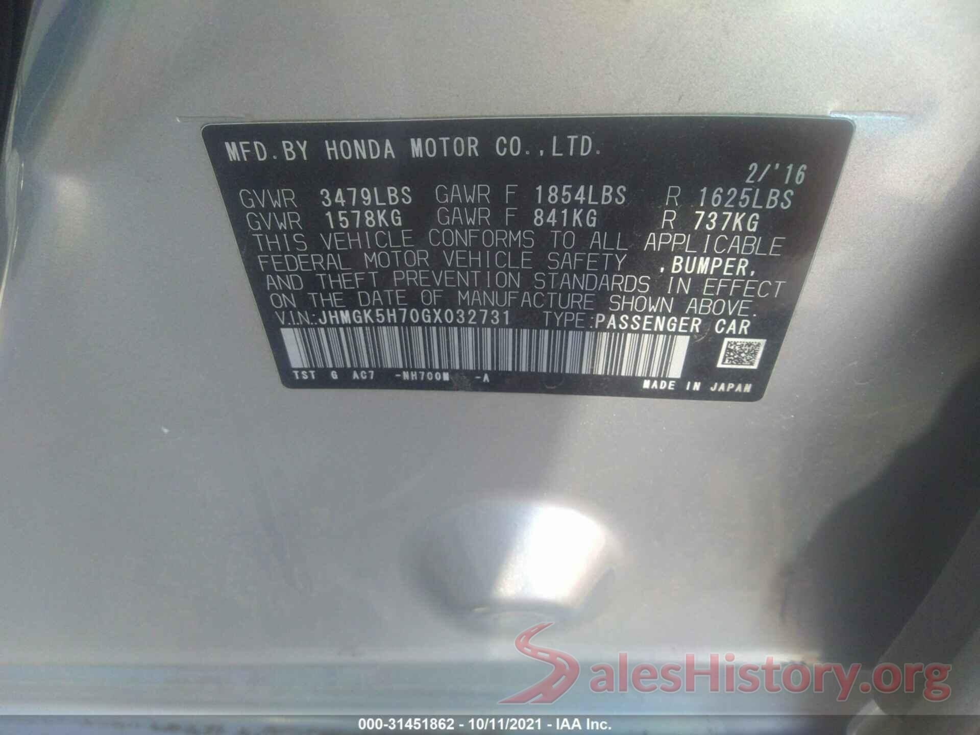 JHMGK5H70GX032731 2016 HONDA FIT