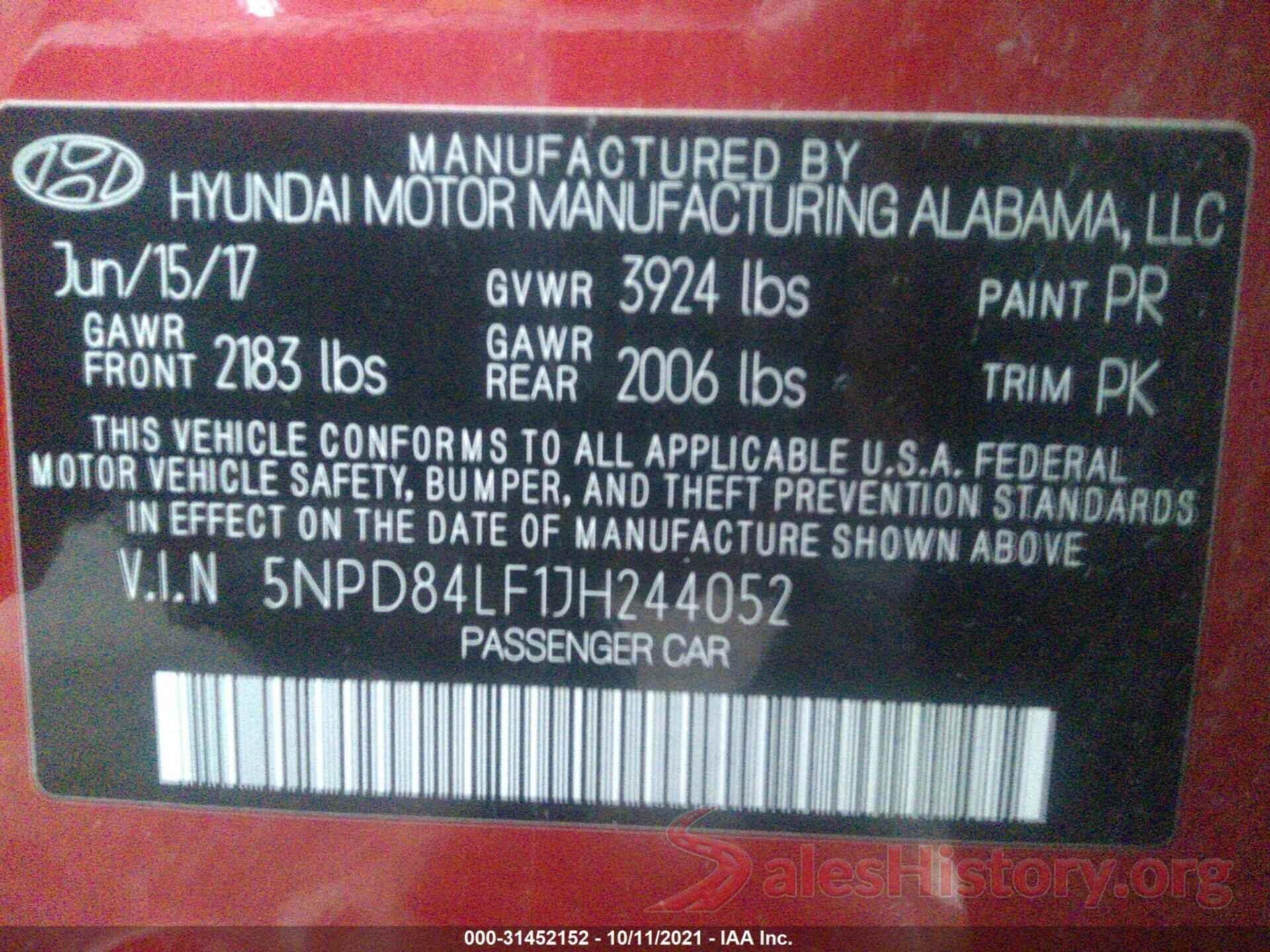 5NPD84LF1JH244052 2018 HYUNDAI ELANTRA