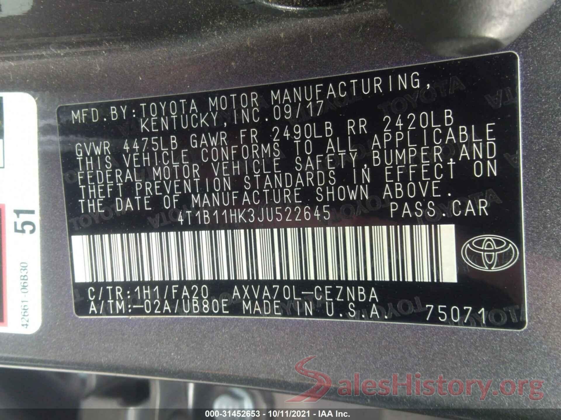 4T1B11HK3JU522645 2018 TOYOTA CAMRY