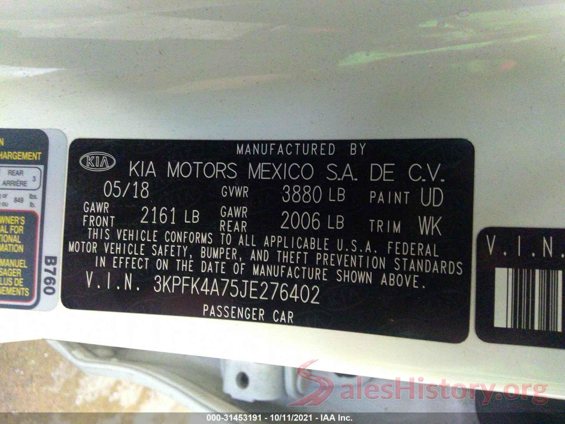 3KPFK4A75JE276402 2018 KIA FORTE