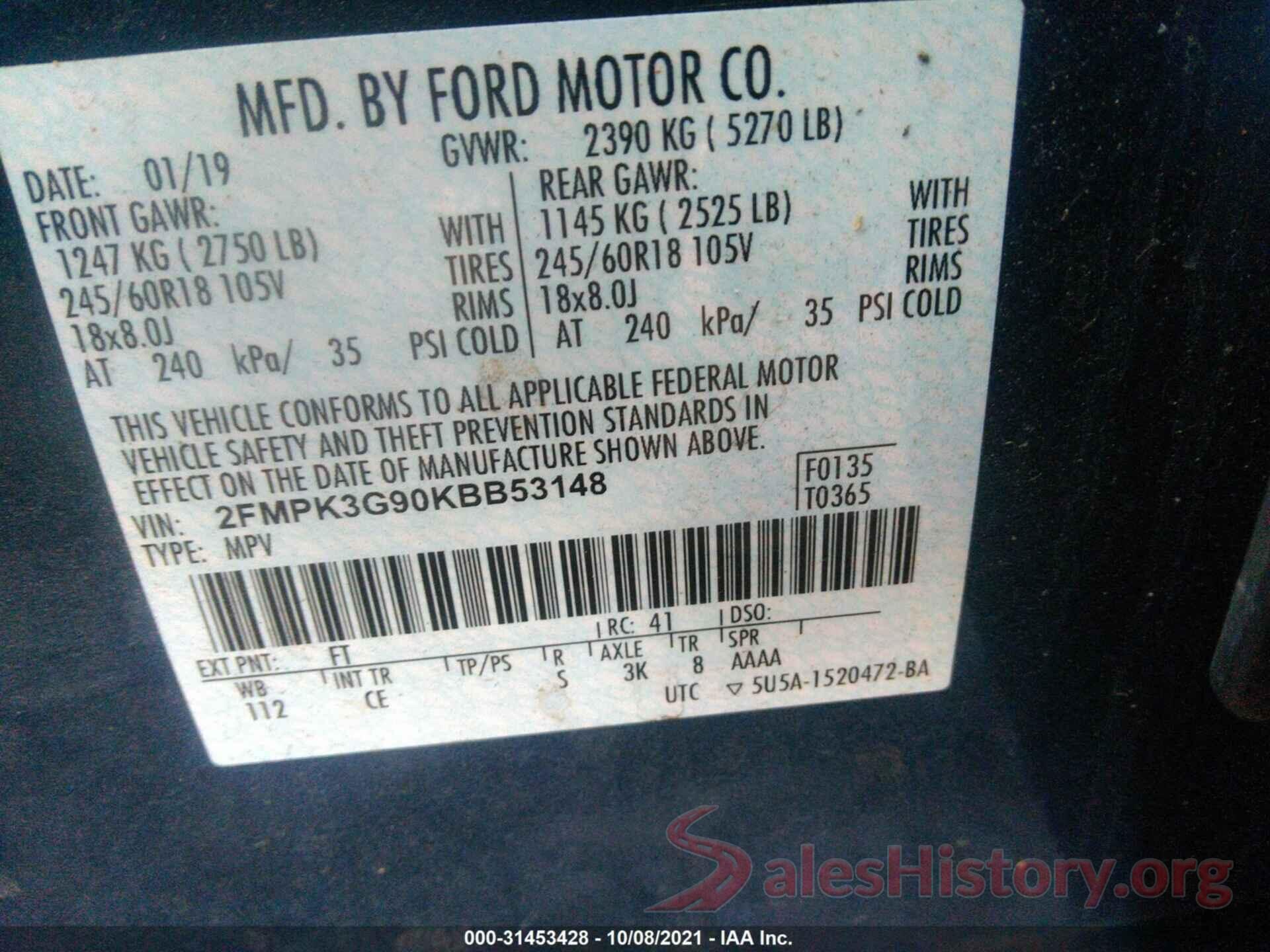 2FMPK3G90KBB53148 2019 FORD EDGE