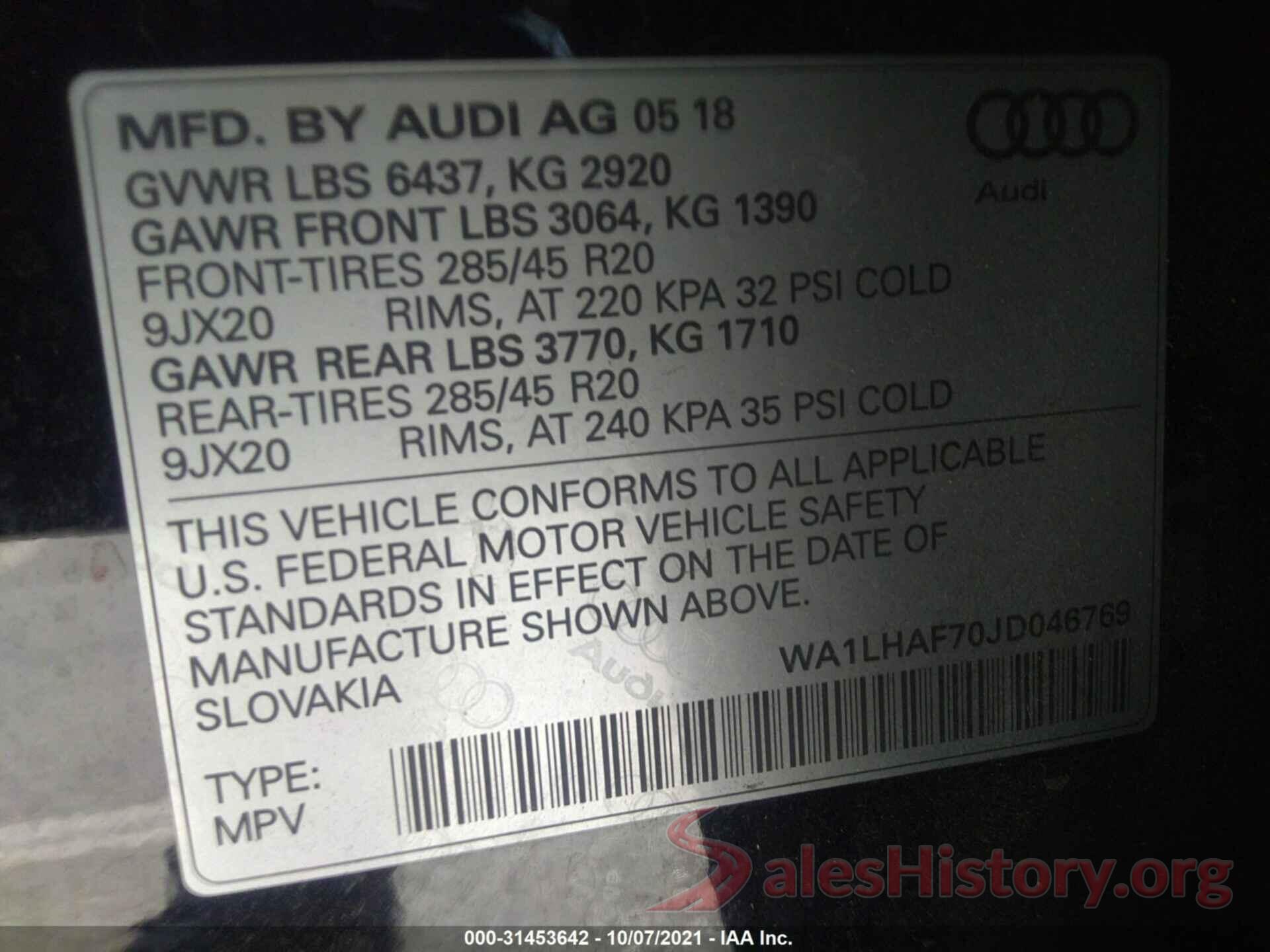 WA1LHAF70JD046769 2018 AUDI Q7