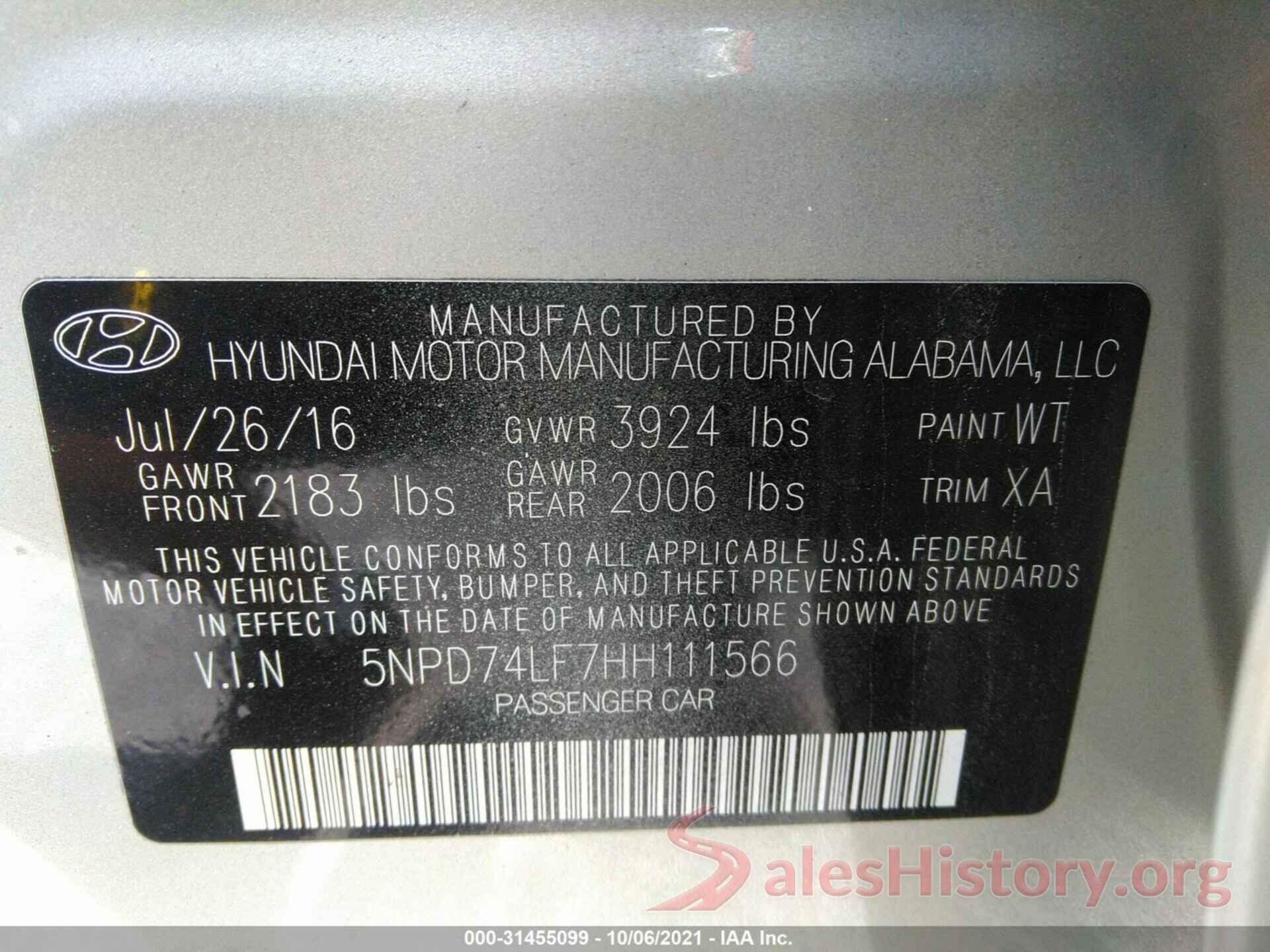 5NPD74LF7HH111566 2017 HYUNDAI ELANTRA