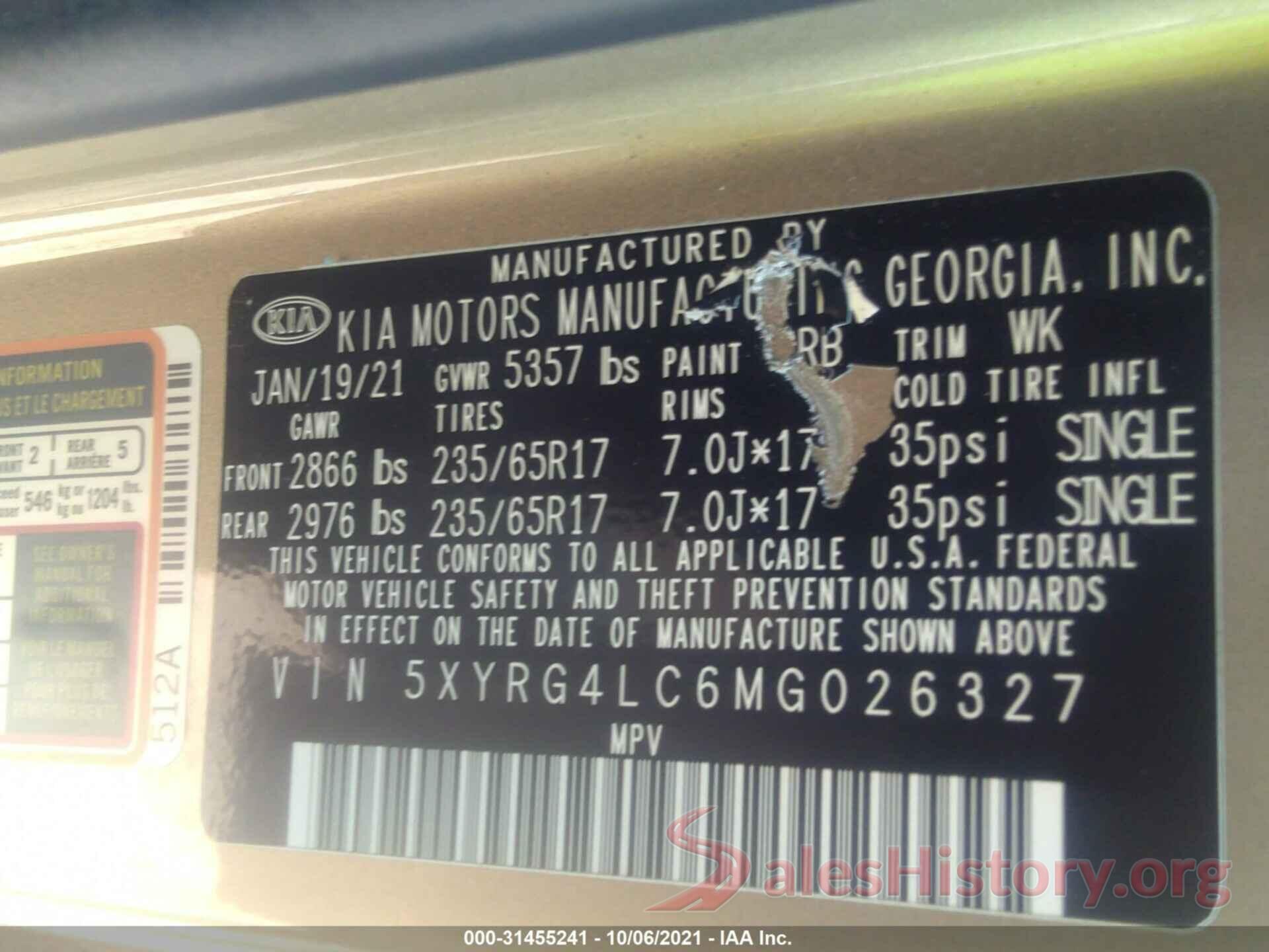 5XYRG4LC6MG026327 2021 KIA SORENTO