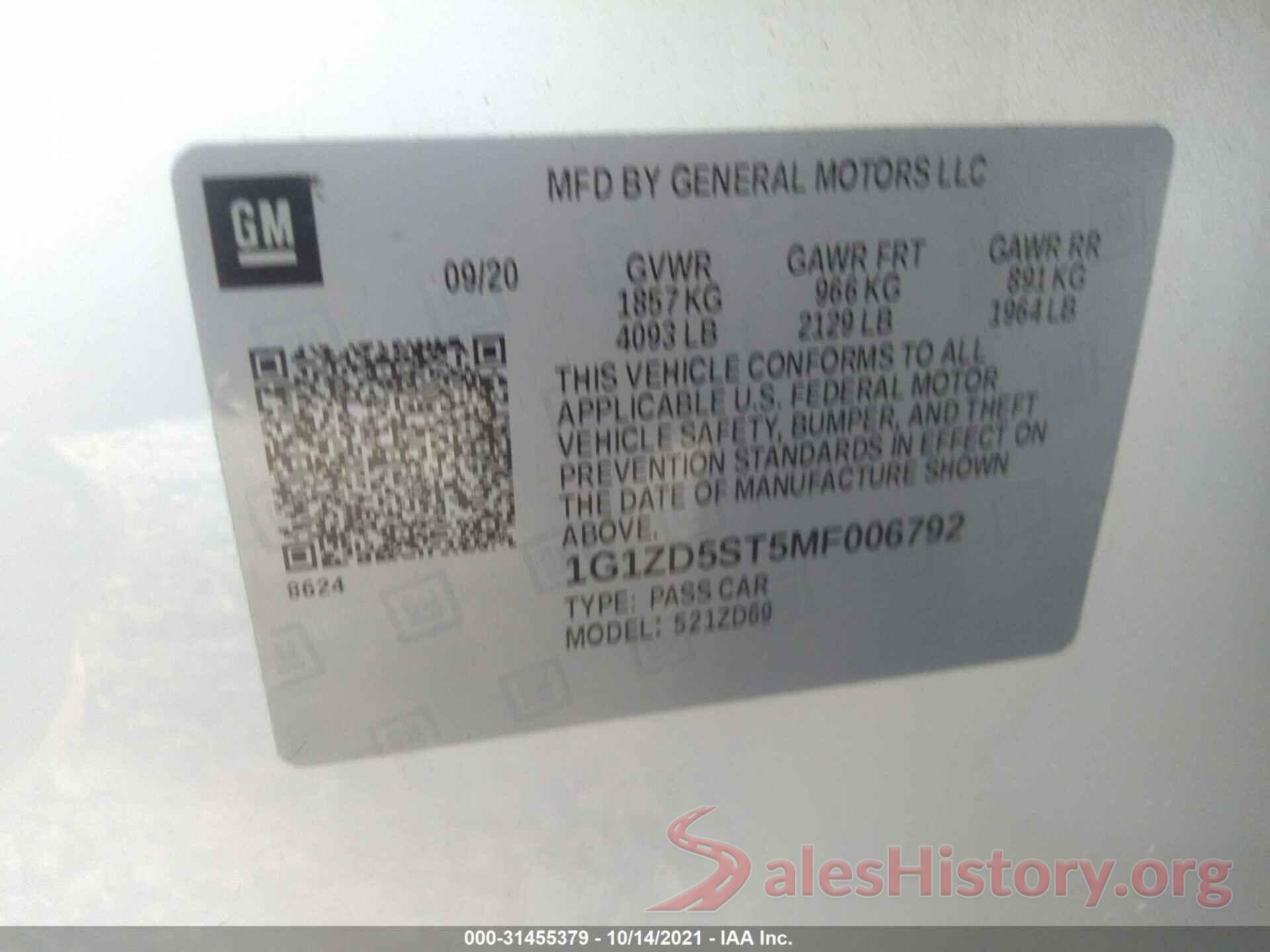 1G1ZD5ST5MF006792 2021 CHEVROLET MALIBU