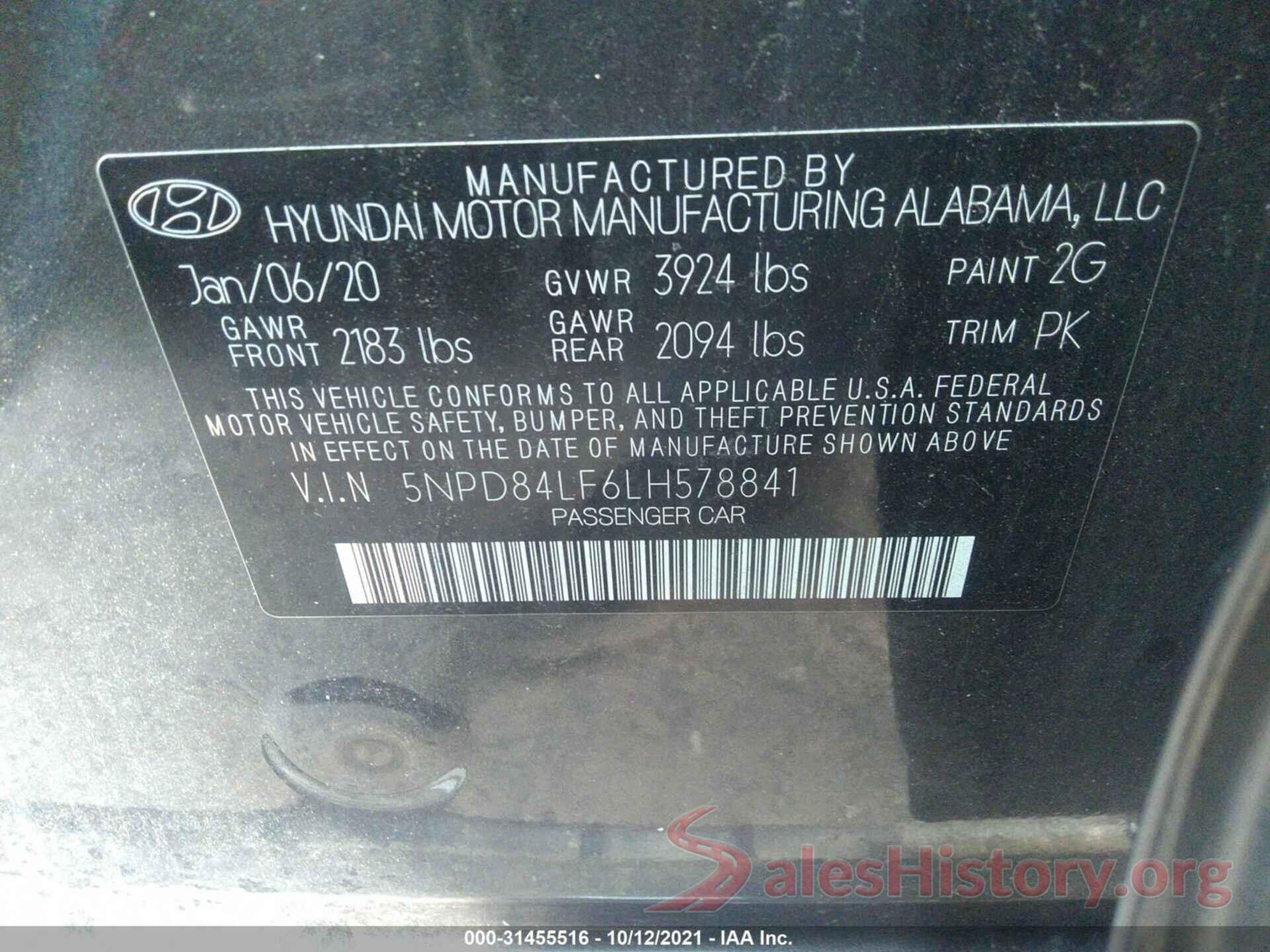 5NPD84LF6LH578841 2020 HYUNDAI ELANTRA