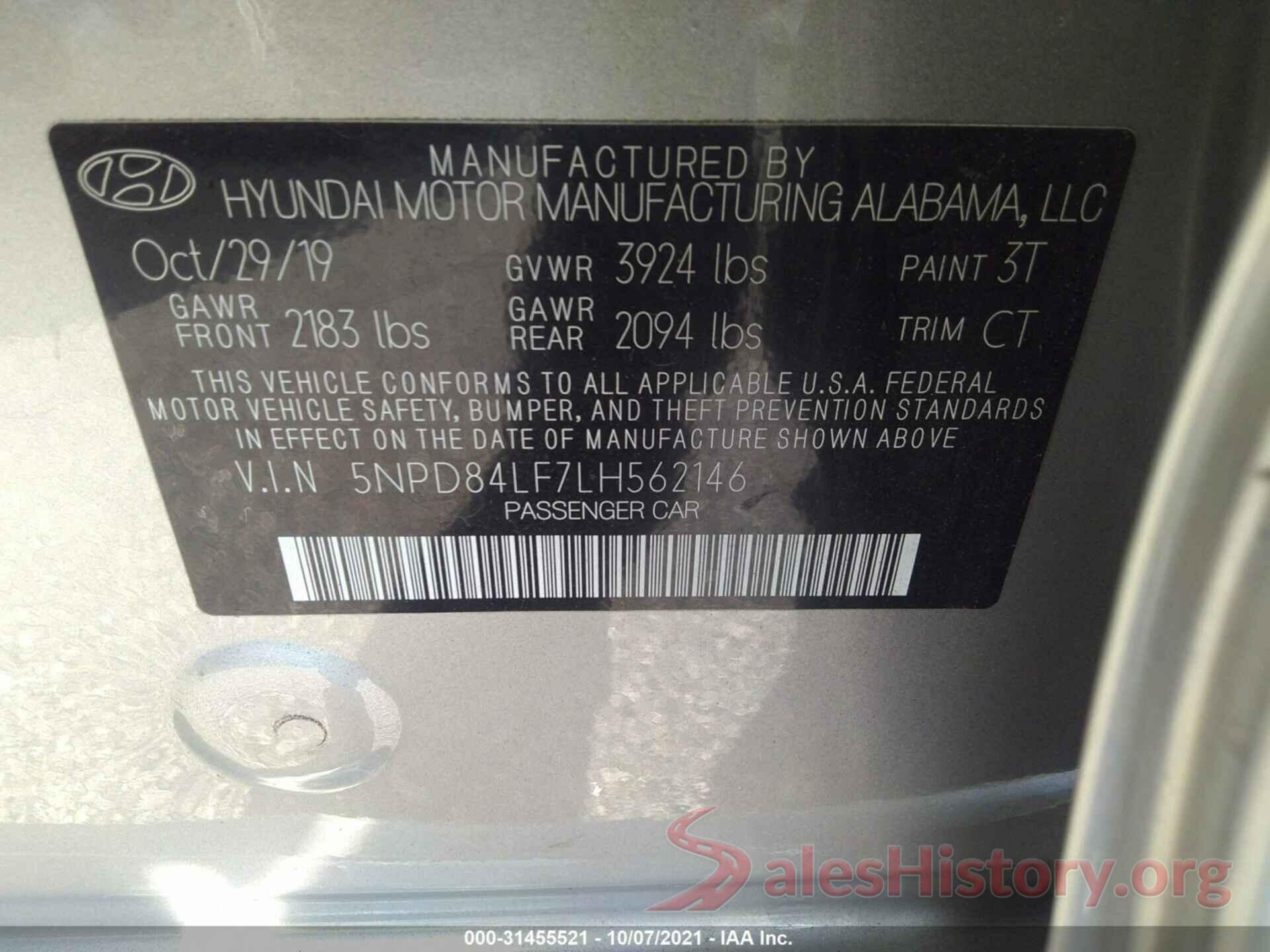 5NPD84LF7LH562146 2020 HYUNDAI ELANTRA