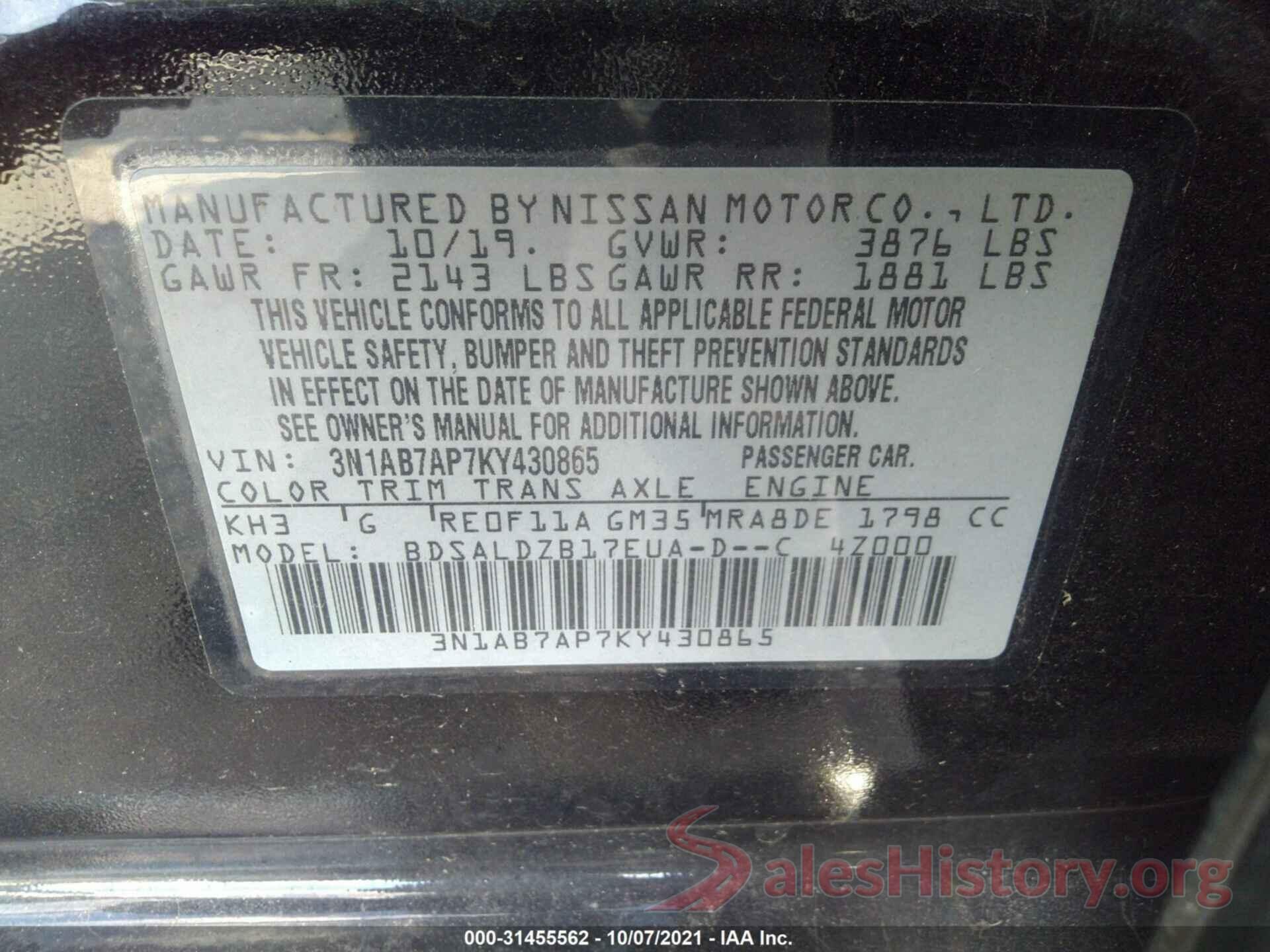 3N1AB7AP7KY430865 2019 NISSAN SENTRA