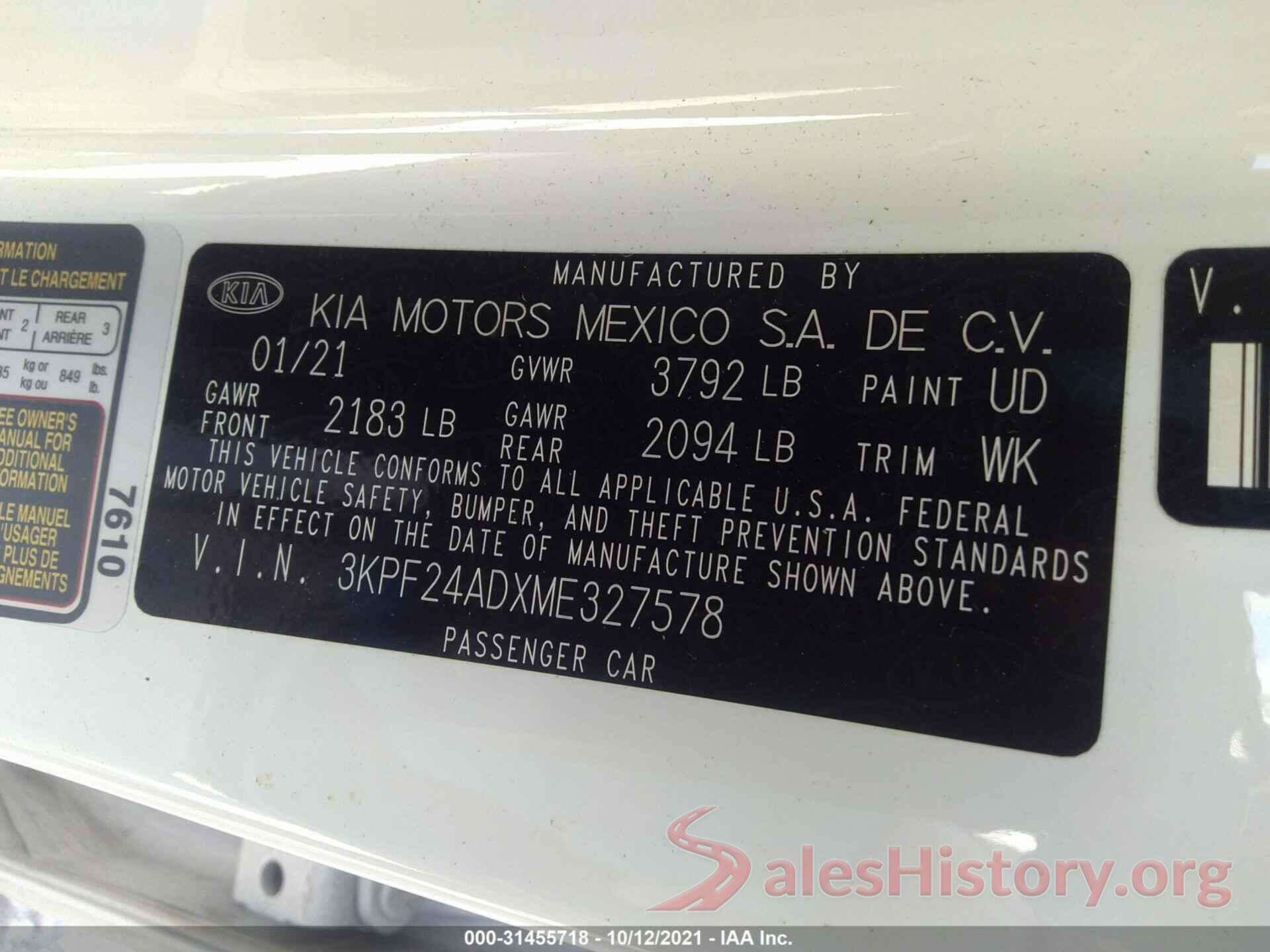 3KPF24ADXME327578 2021 KIA FORTE