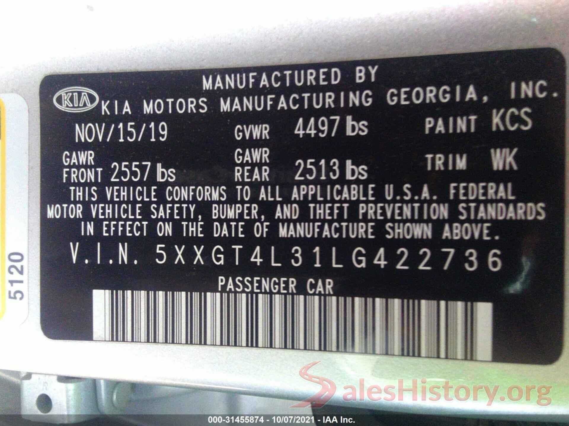 5XXGT4L31LG422736 2020 KIA OPTIMA