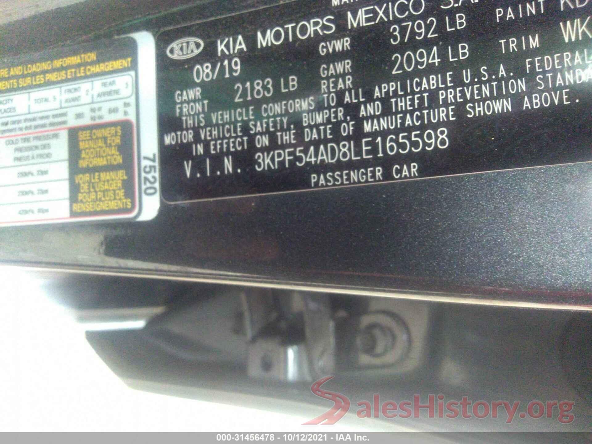 3KPF54AD8LE165598 2020 KIA FORTE