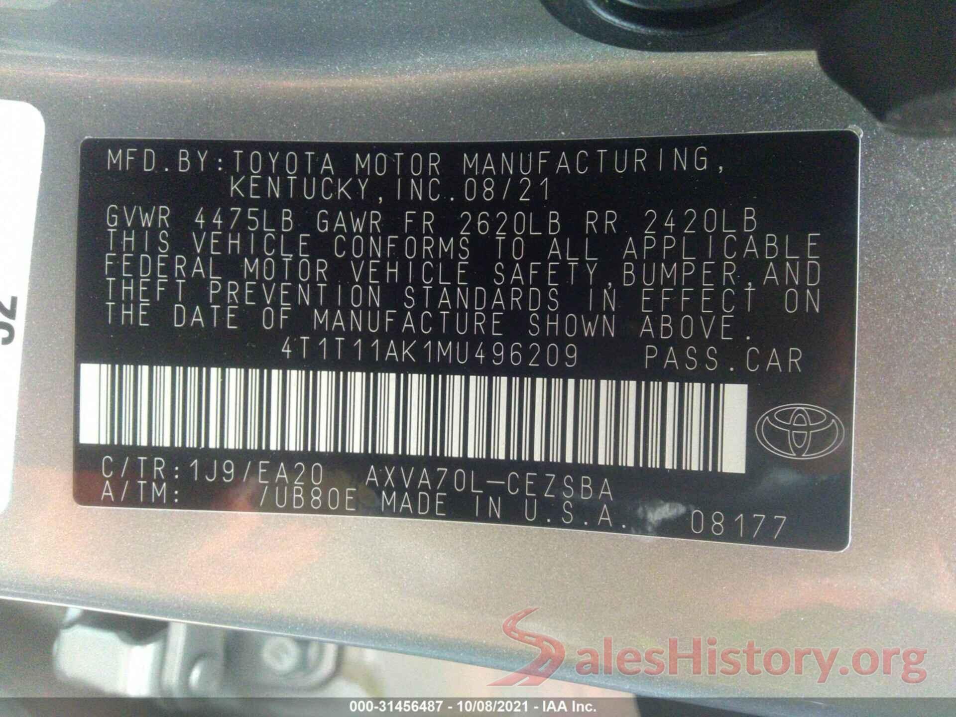 4T1T11AK1MU496209 2021 TOYOTA CAMRY