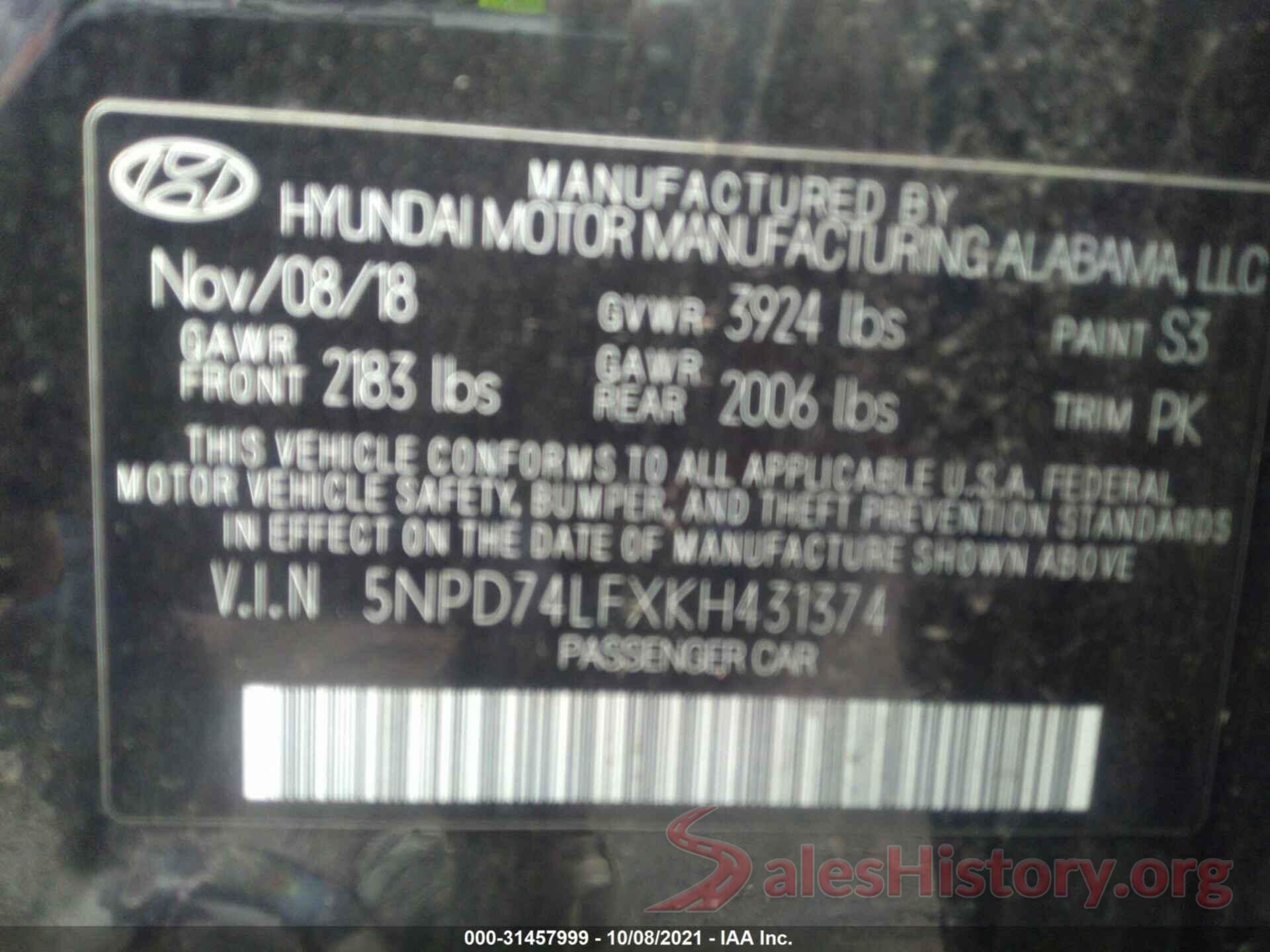 5NPD74LFXKH431374 2019 HYUNDAI ELANTRA