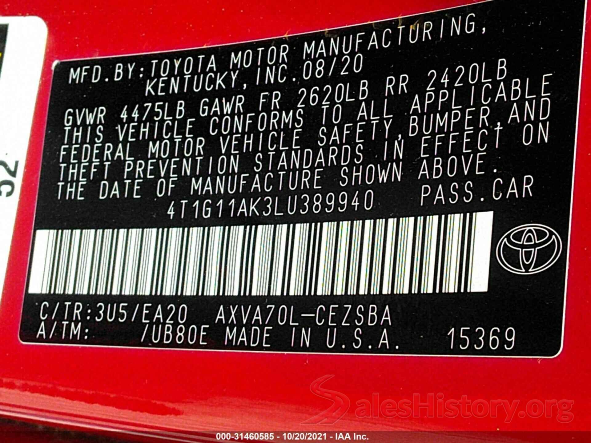 4T1G11AK3LU389940 2020 TOYOTA CAMRY