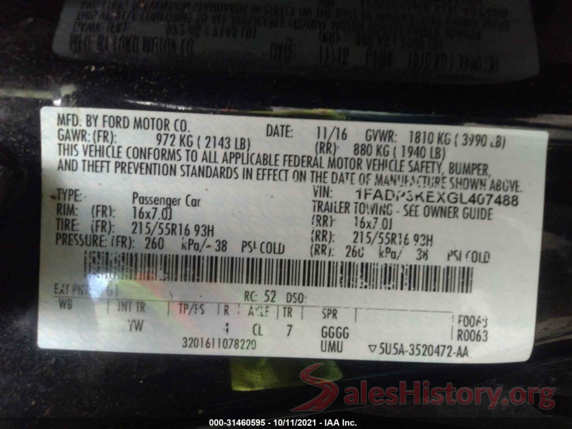 1FADP3KEXGL407488 2016 FORD FOCUS