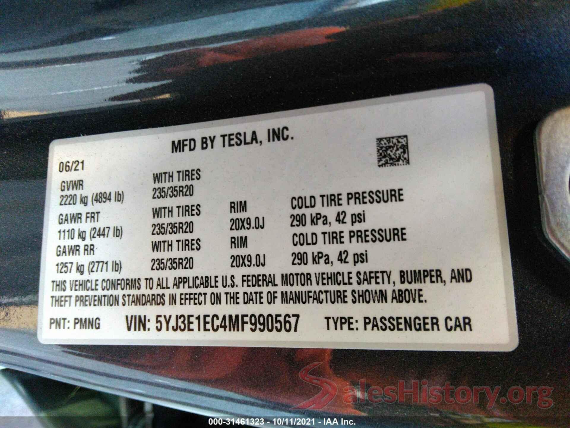 5YJ3E1EC4MF990567 2021 TESLA MODEL 3