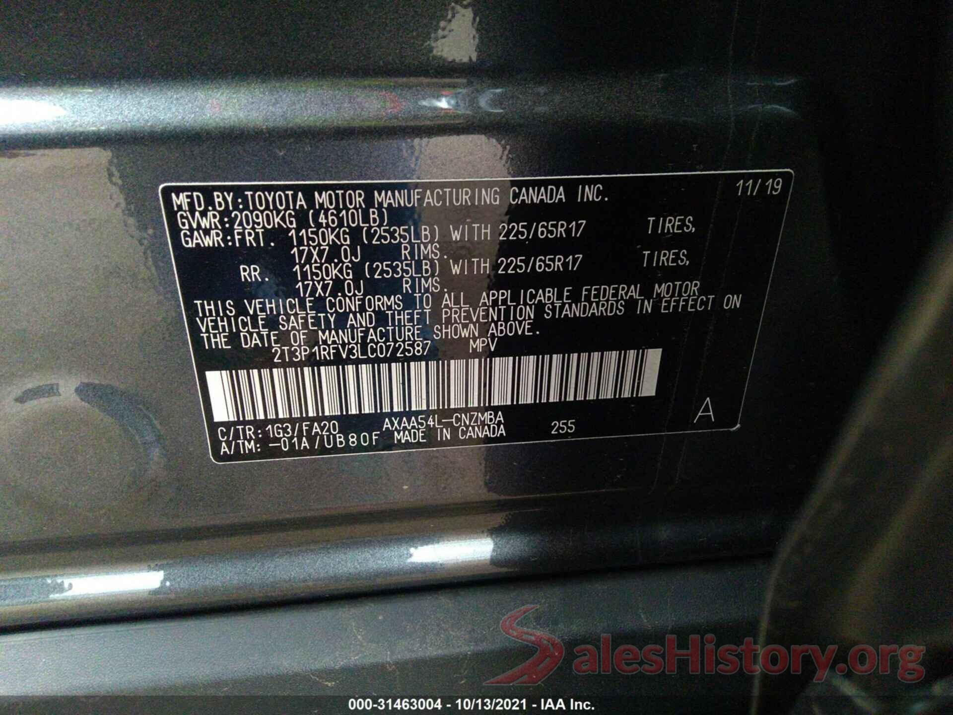 2T3P1RFV3LC072587 2020 TOYOTA RAV4