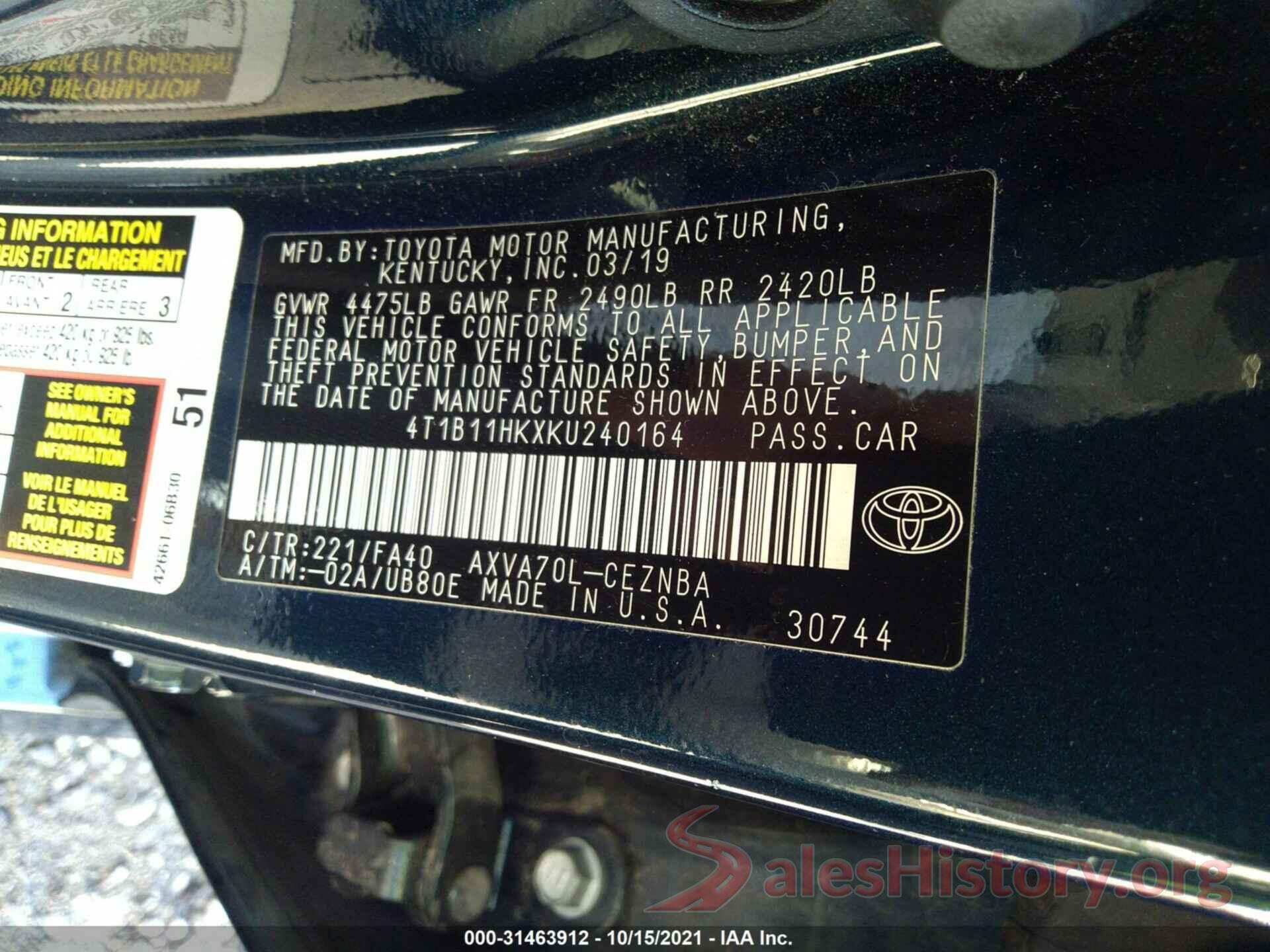 4T1B11HKXKU240164 2019 TOYOTA CAMRY