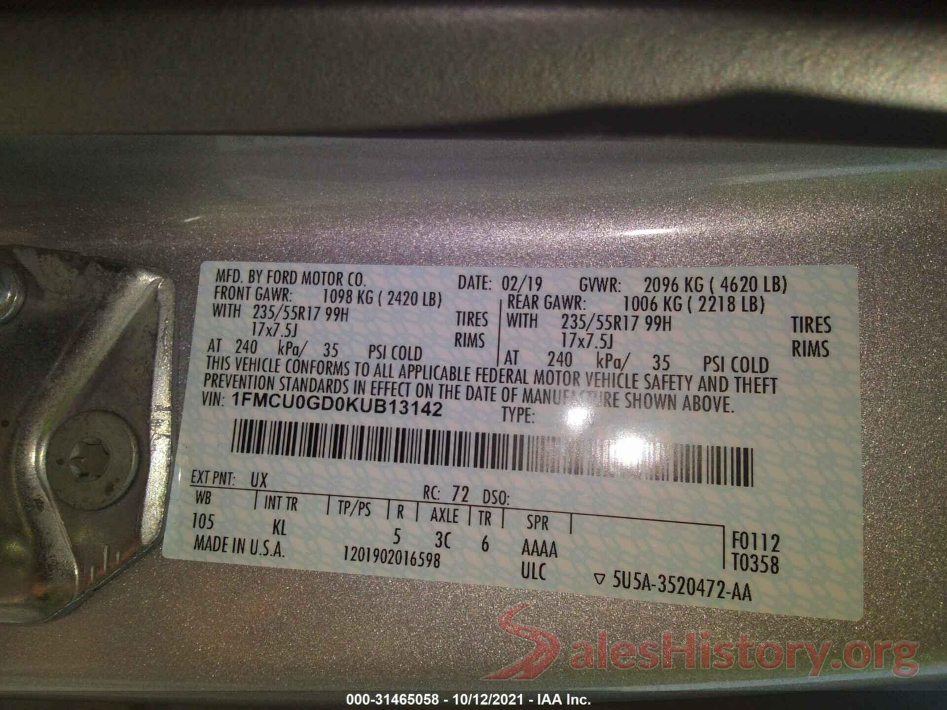 1FMCU0GD0KUB13142 2019 FORD ESCAPE