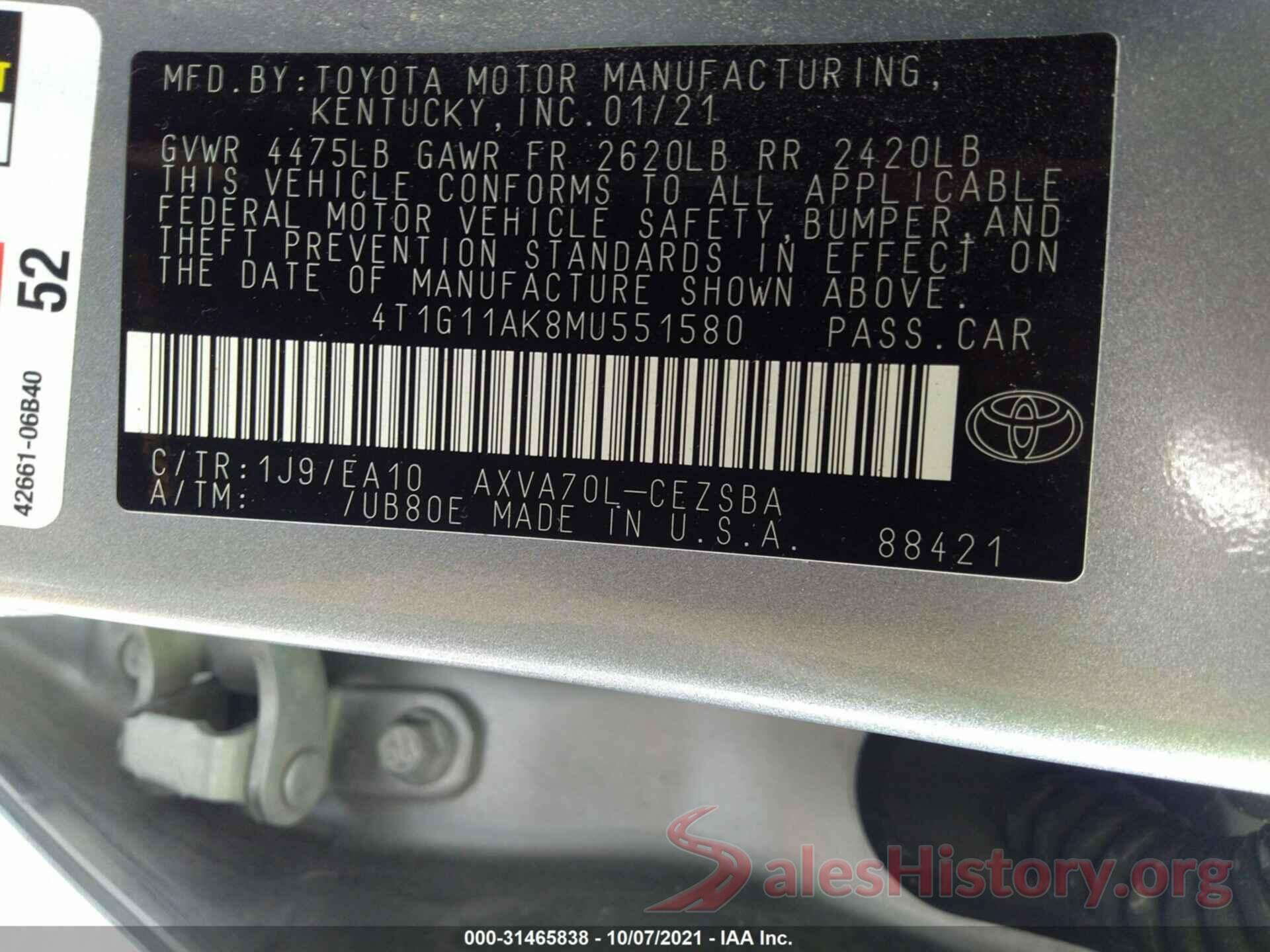 4T1G11AK8MU551580 2021 TOYOTA CAMRY