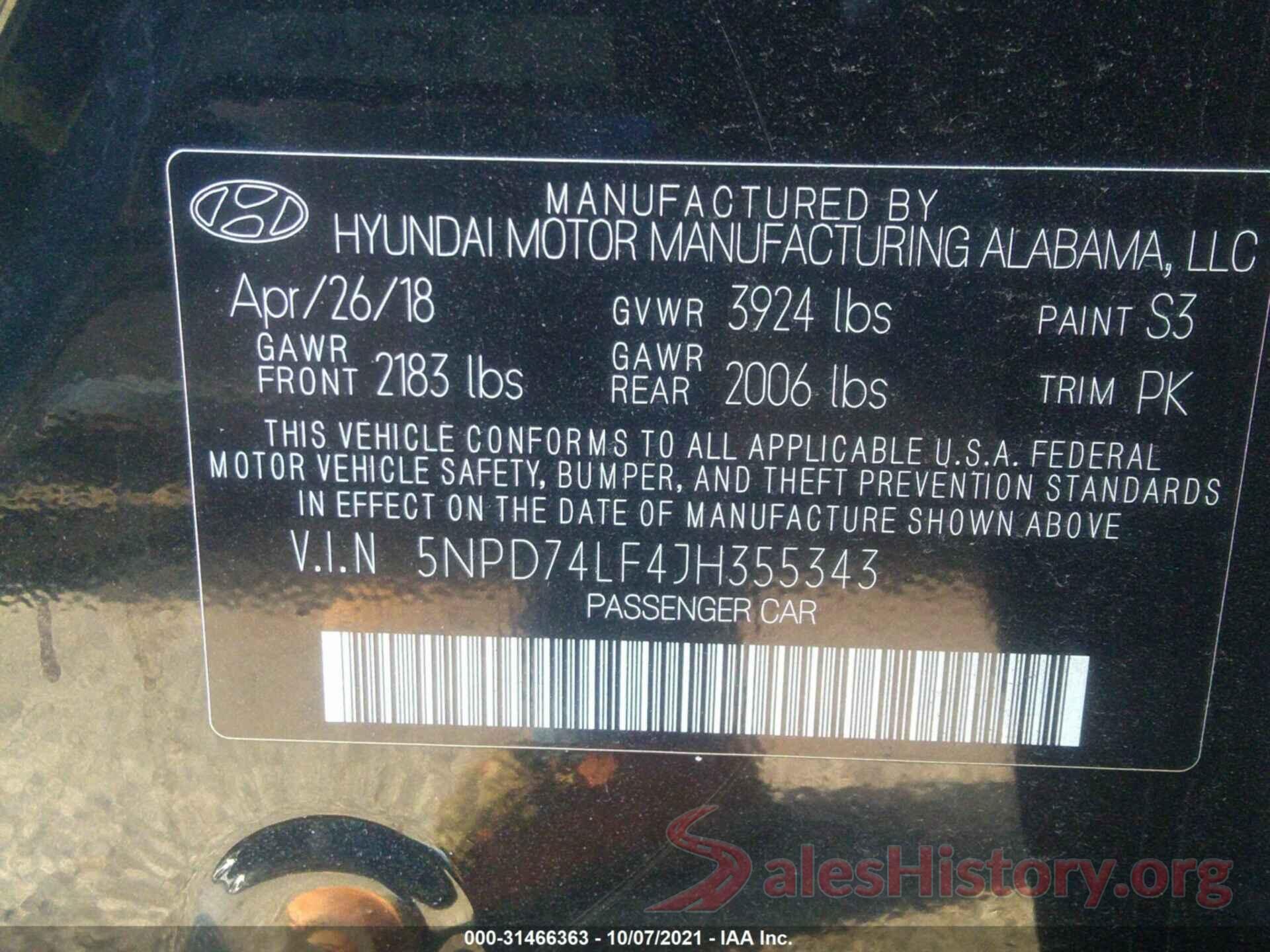 5NPD74LF4JH355343 2018 HYUNDAI ELANTRA