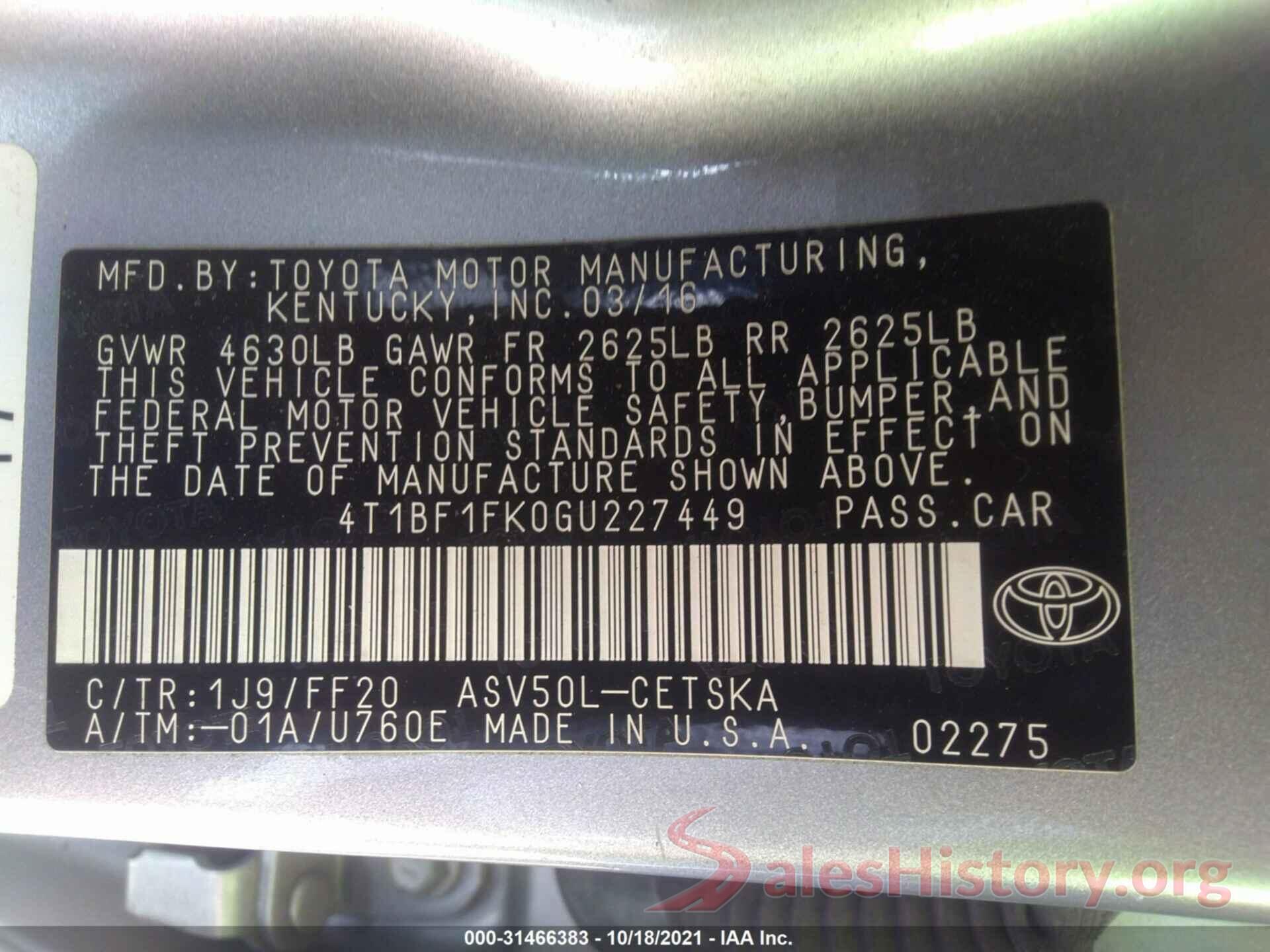 4T1BF1FK0GU227449 2016 TOYOTA CAMRY