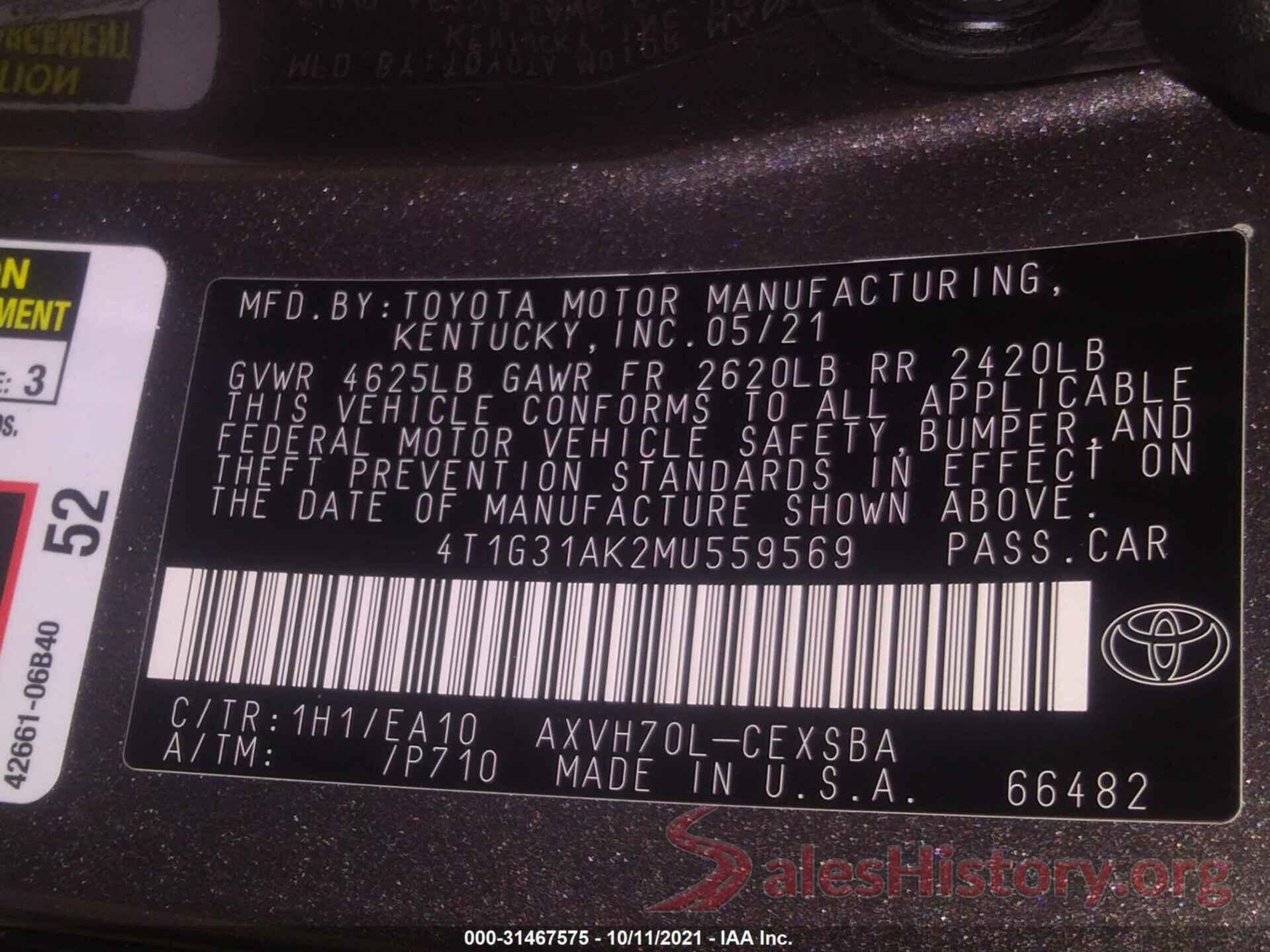 4T1G31AK2MU559569 2021 TOYOTA CAMRY