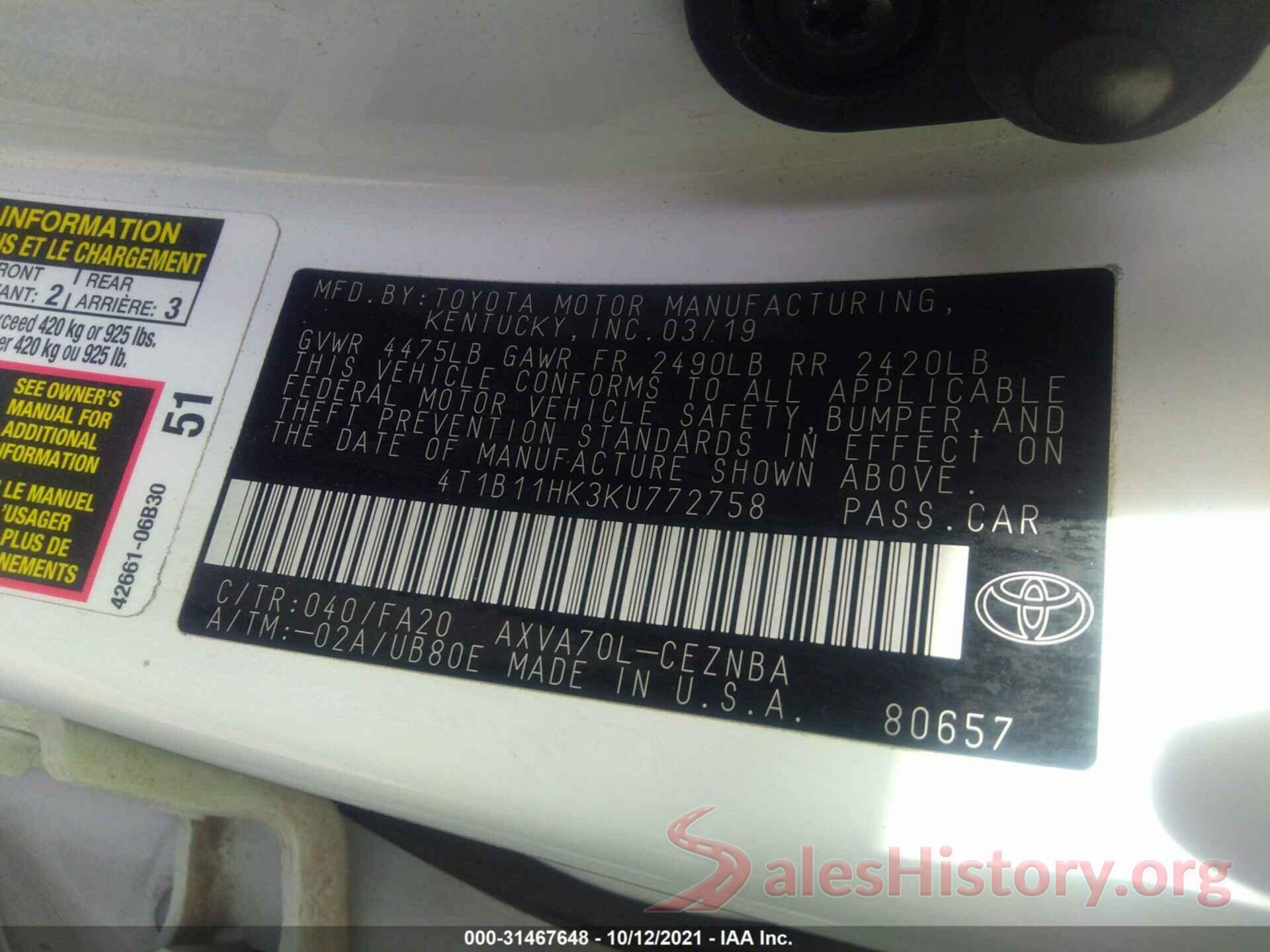 4T1B11HK3KU772758 2019 TOYOTA CAMRY