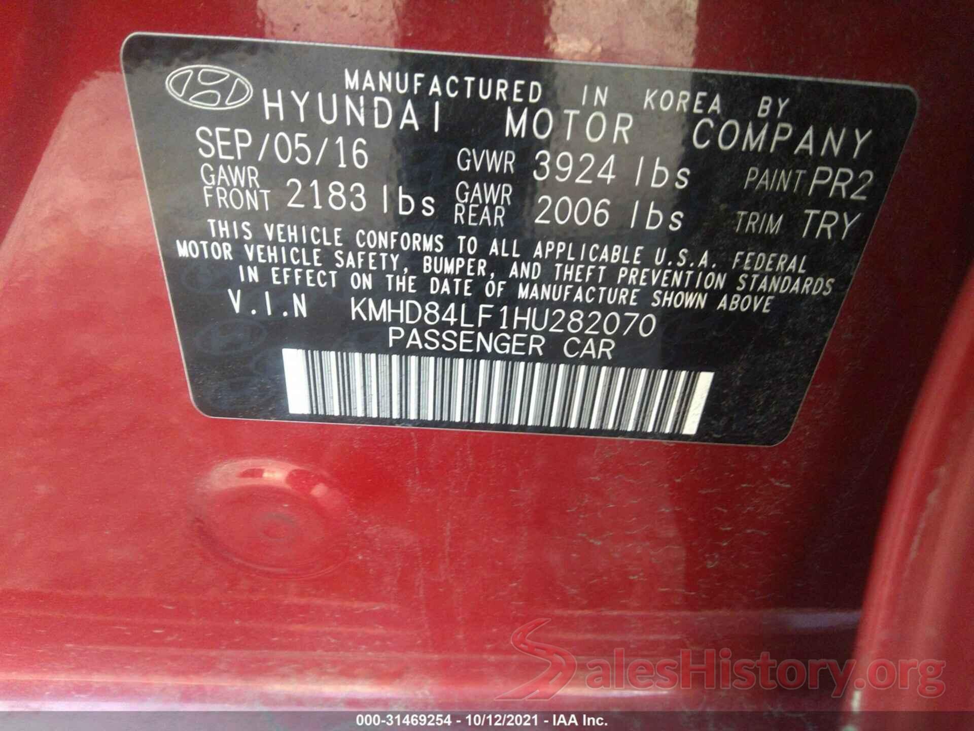 KMHD84LF1HU282070 2017 HYUNDAI ELANTRA